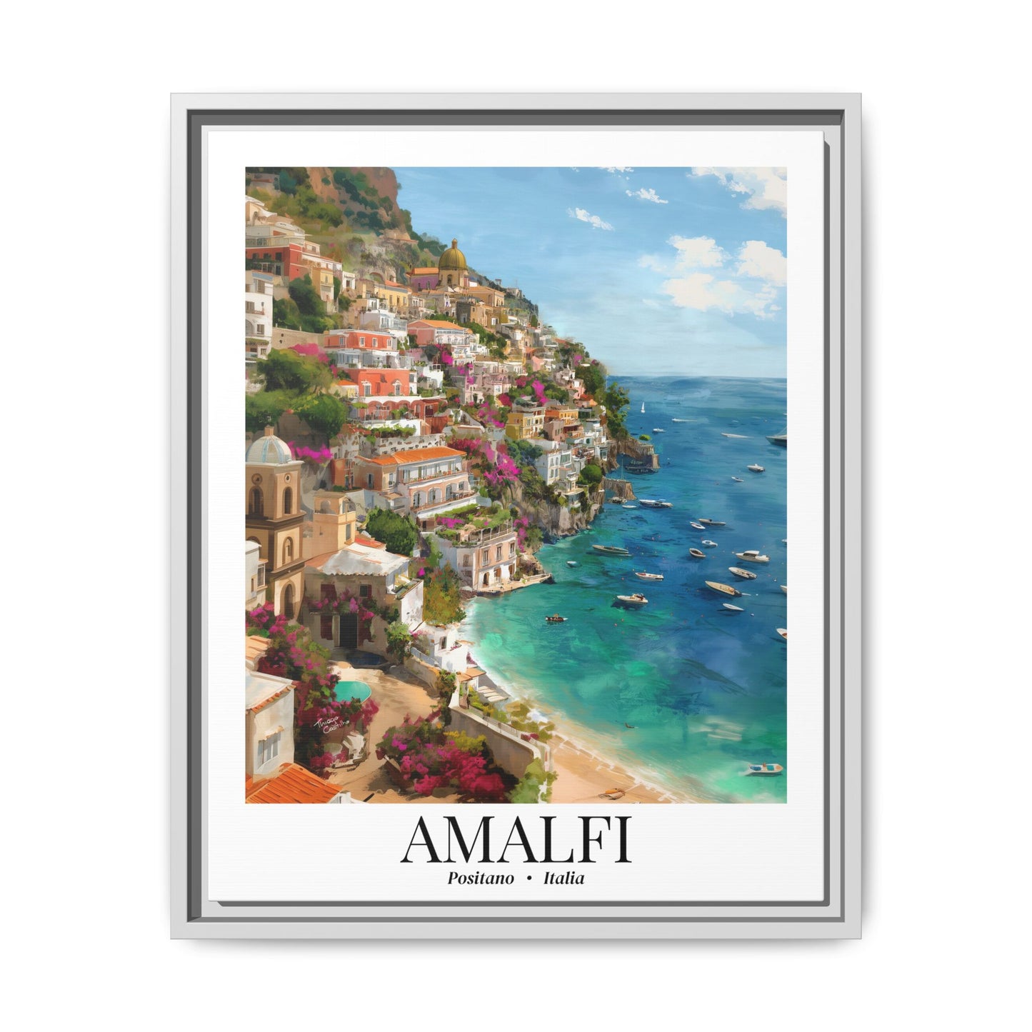 Amalfi Framed Canvas Wall Art – Fine Art, Amalfi Coast Cliffside Town Print, Cruise Port Memory, Italy Travel Decor, Mediterranean Gift for Explorers
