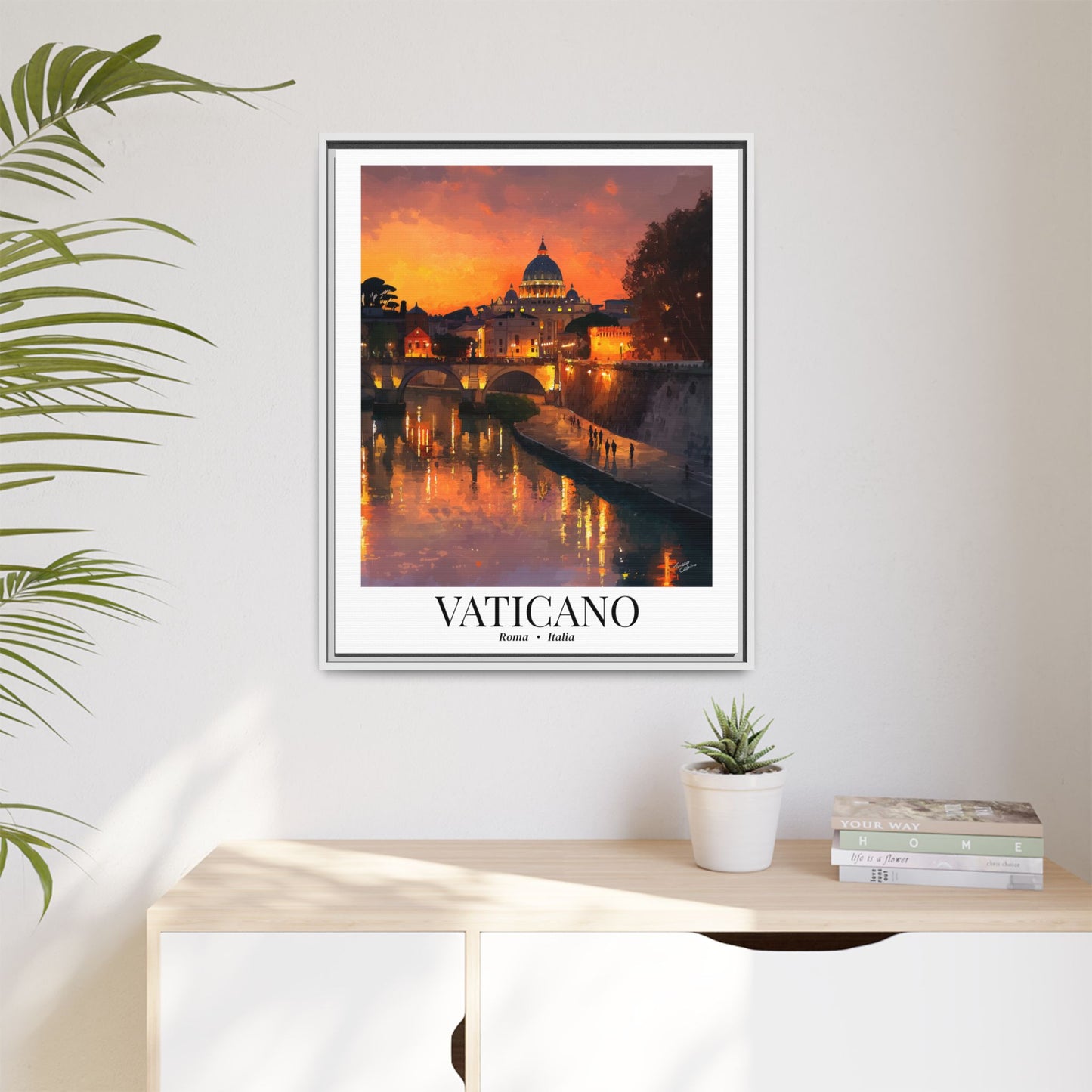 Vatican Framed Canvas Wall Art – Fine Art, Tiber River Sunset Print with Vatican View, Rome Sunset, Cruise Port Memory, Italy Travel Decor, Romantic Gift for Wanderers