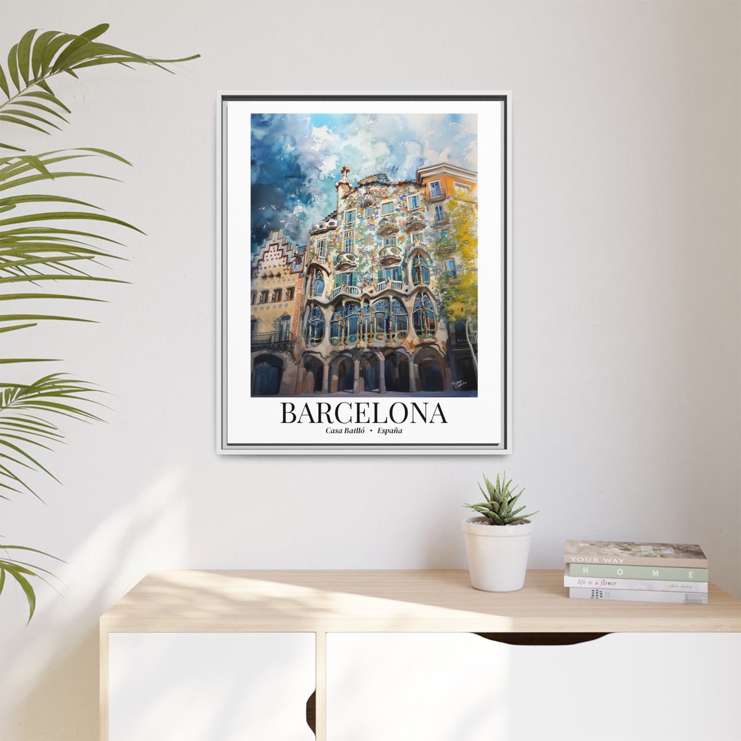 Barcelona Framed Canvas Wall Art – Casa Batlló Print, Cruise Port Memory, Spain Travel Decor, Mediterranean Gift for Architecture Lovers