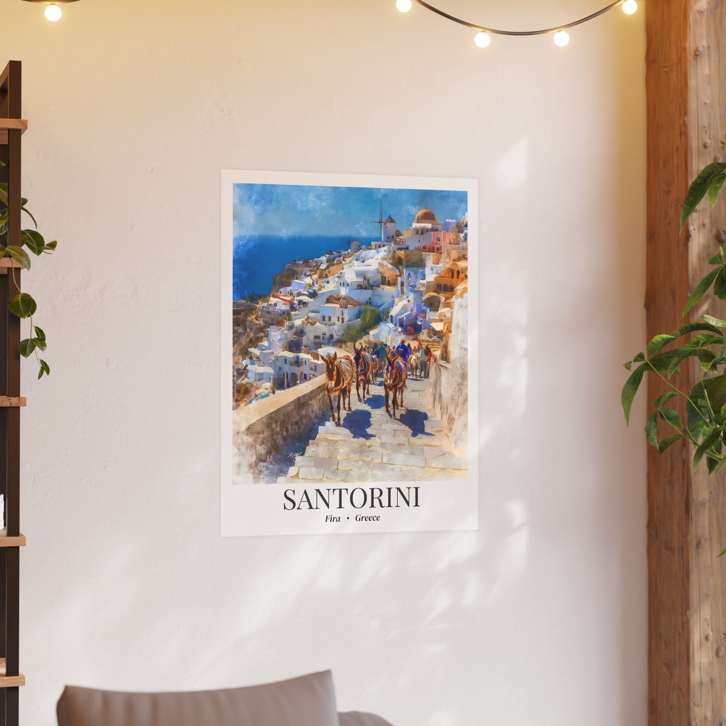 Santorini Travel Poster – Fine Art Print, Donkeys of Fira Artwork, Shared Memory Wall Decor, Greece Souvenir