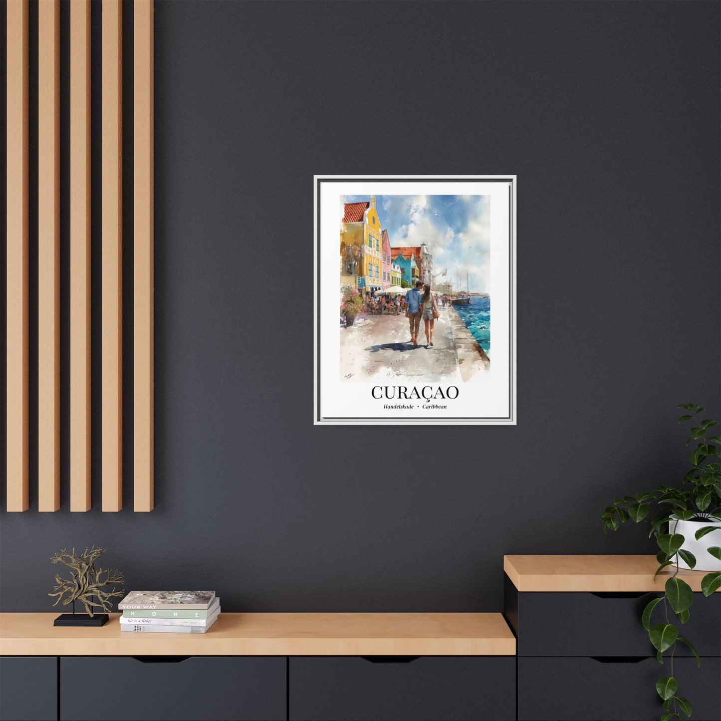 Curaçao Framed Canvas Wall Art – Fine Art, Handelskade Waterfront Print, Travel Memory, Caribbean Wall Decor, Nature-Inspired Gift