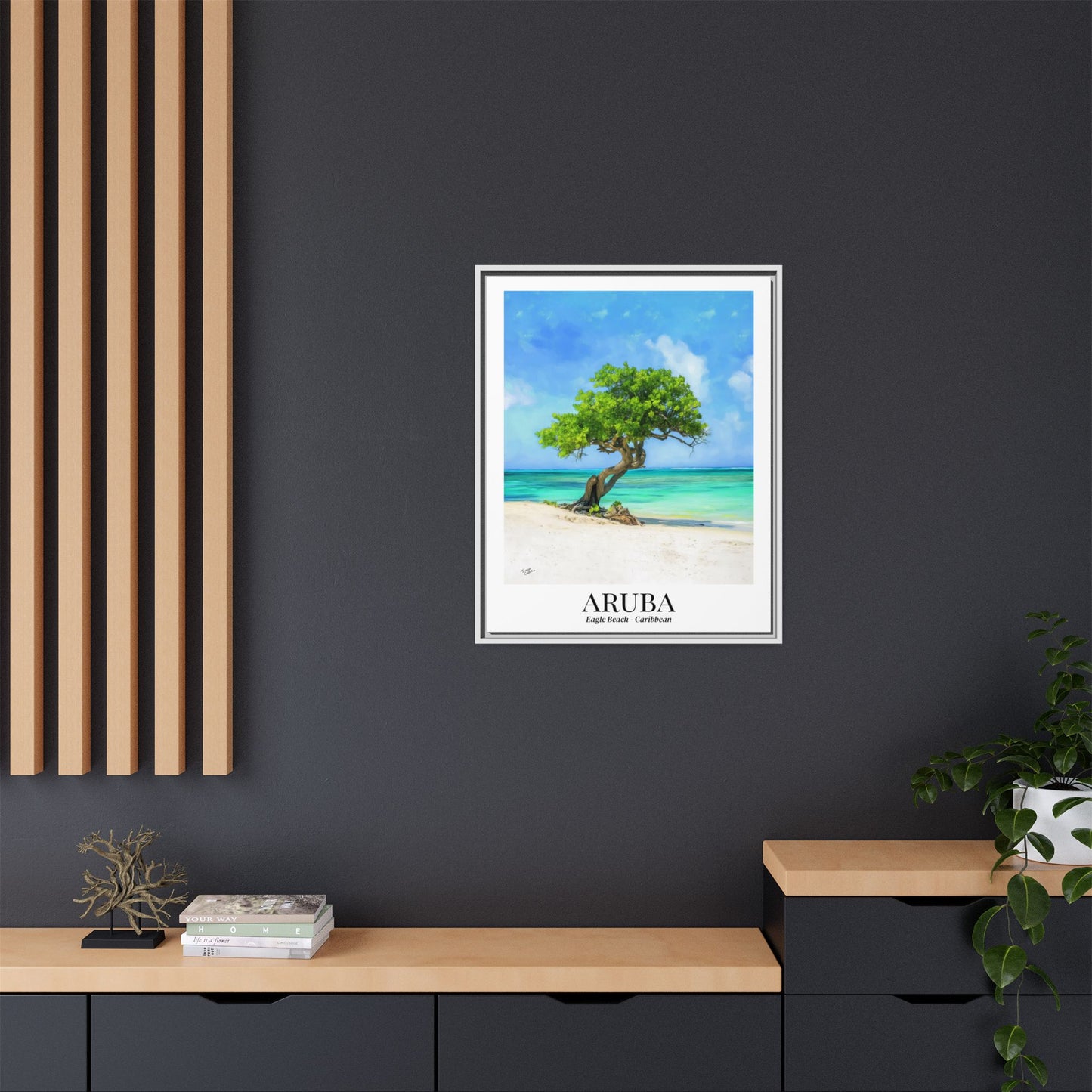Aruba Framed Canvas Wall Art – Eagle Beach, Fofoti Tree Print, Cruise Ship Vacation Memory, Caribbean Decor, Beach House Gift for Travelers