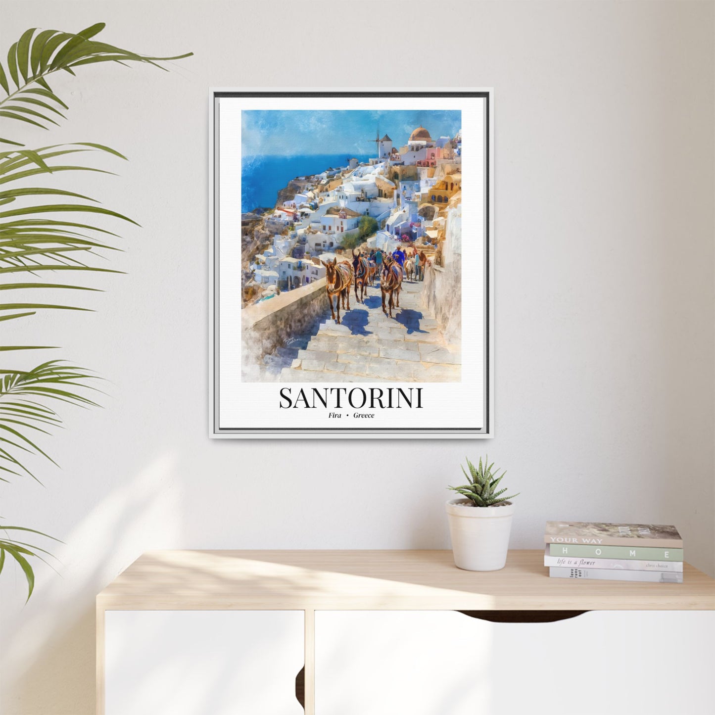 Santorini Framed Canvas Wall Art – Fine Art, Donkeys of Fira Print, Travel Memory, Greece Wall Decor, Nature-Inspired Gift