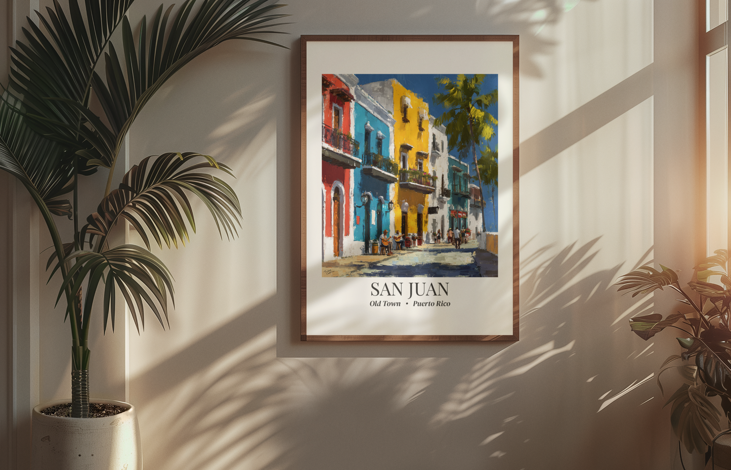 San Juan Framed Canvas Wall Art – Old Town Streets Print, Cruise Ship Vacation Memory, Puerto Rico Decor, Colonial Architecture Gift for Travelers