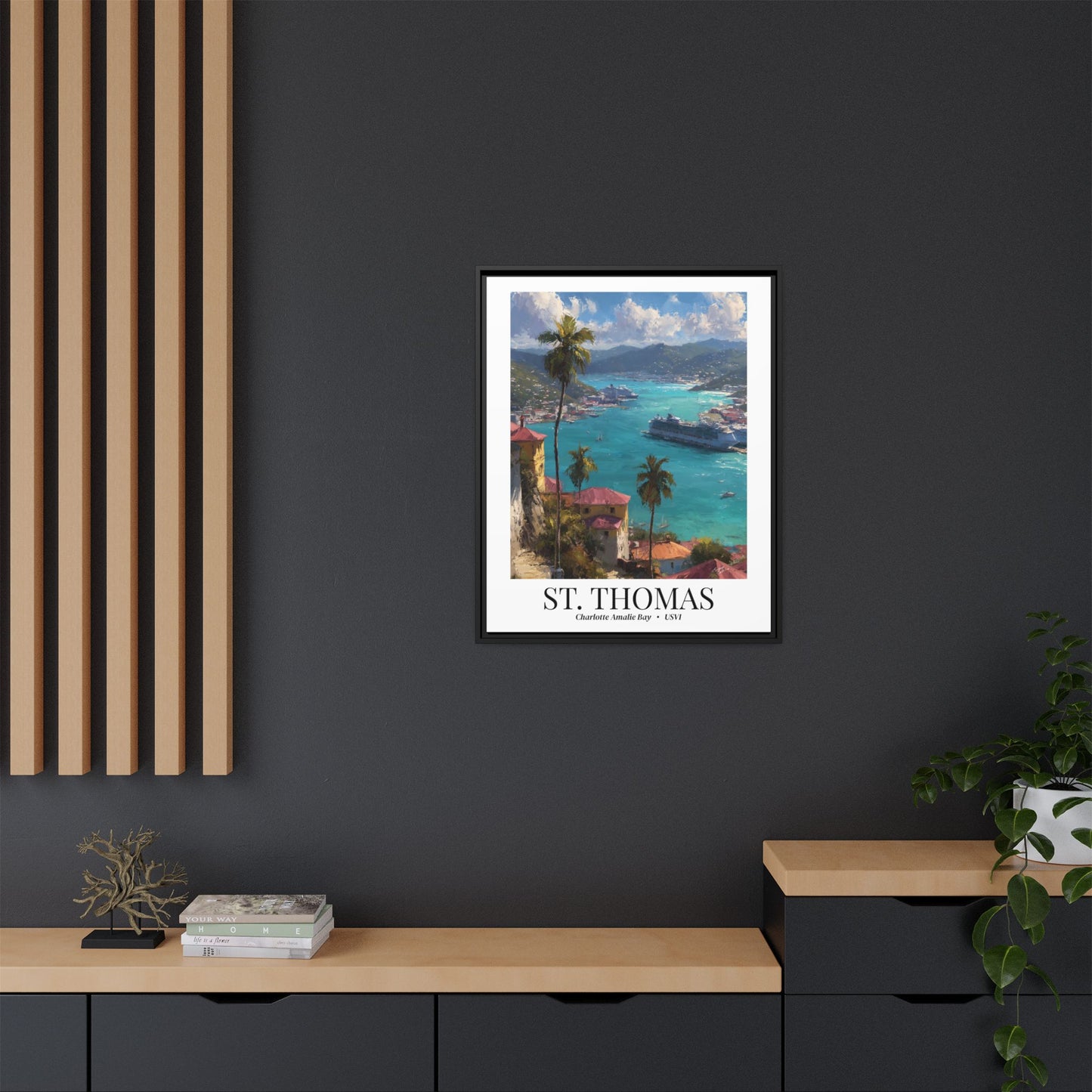 St. Thomas Framed Canvas Wall Art – Fine Art, Charlotte Amalie Bay Print, Travel Memory, Caribbean Wall Decor, Nature-Inspired Gift