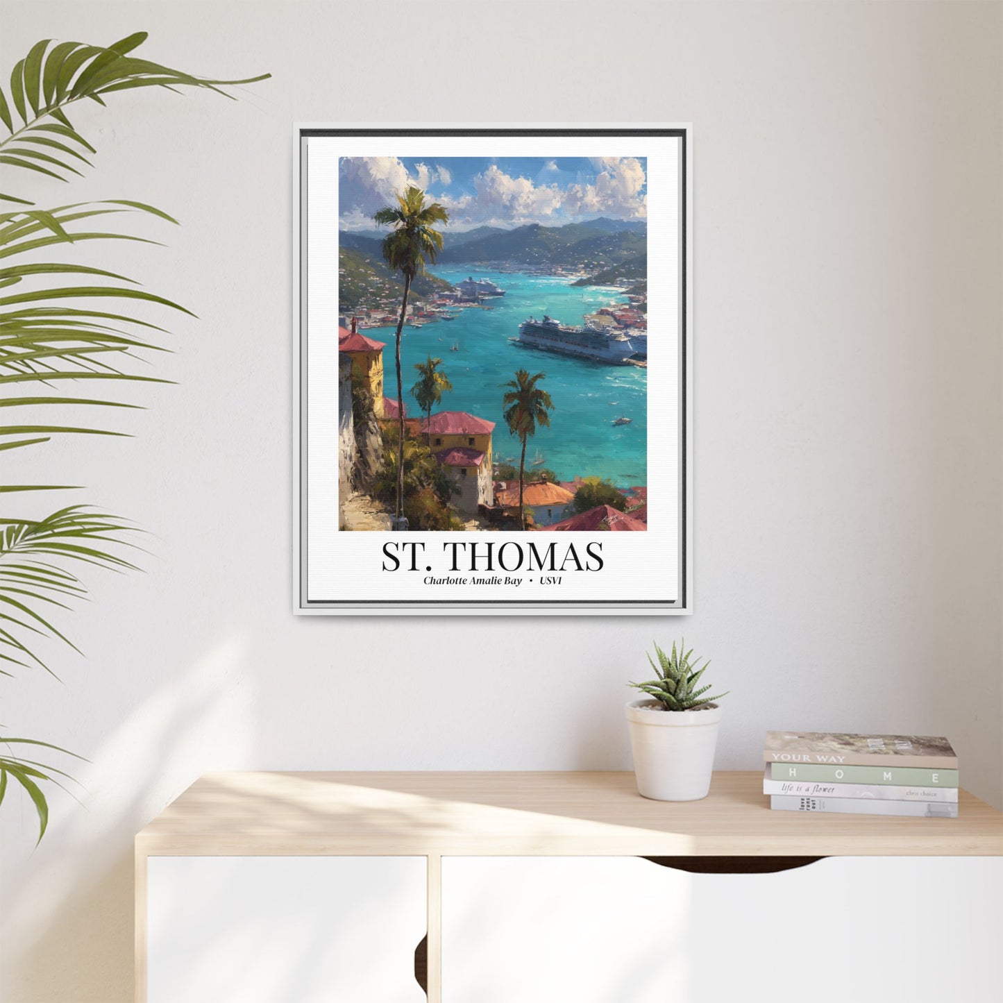 St. Thomas Framed Canvas Wall Art – Fine Art, Charlotte Amalie Bay Print, Travel Memory, Caribbean Wall Decor, Nature-Inspired Gift