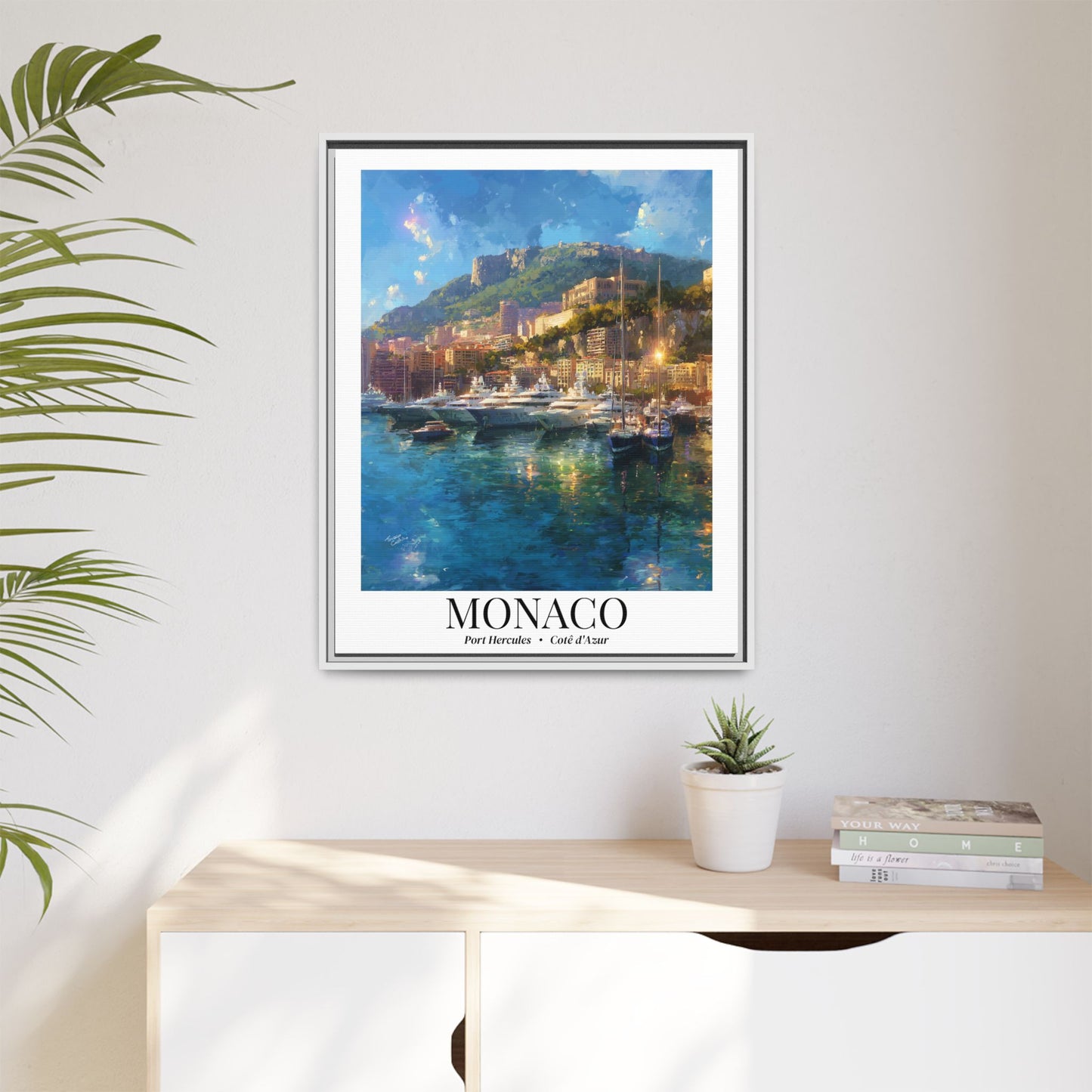 Monaco Framed Canvas Wall Art – Port Hercules Print, Cruise Port Memory, French Riviera Travel Decor, Mediterranean Gift for Luxury Lovers