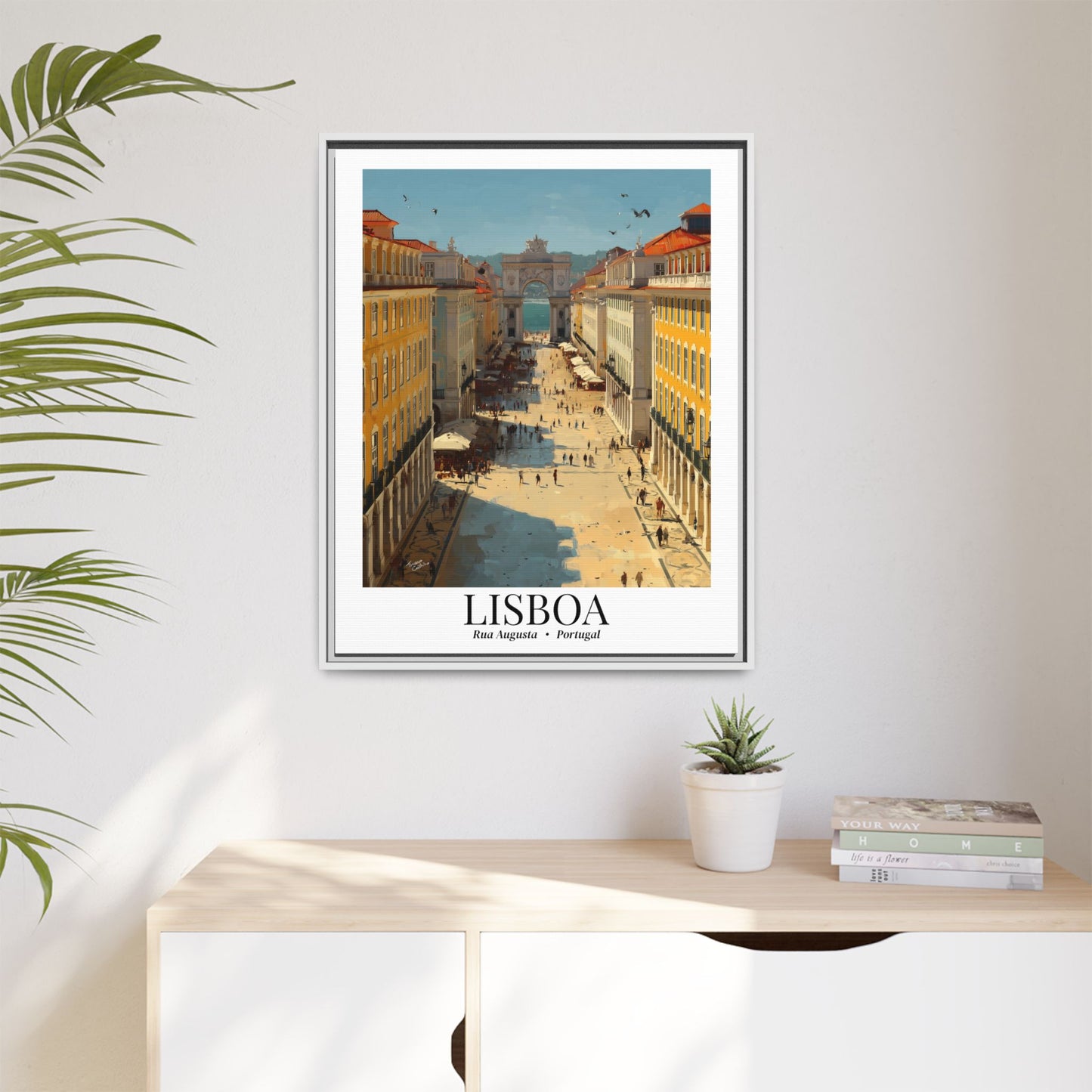 Lisbon Framed Canvas Wall Art – Rua Augusta Print, Cruise Port Memory, Portugal Travel Decor, European Gift for Architecture & Culture Lovers