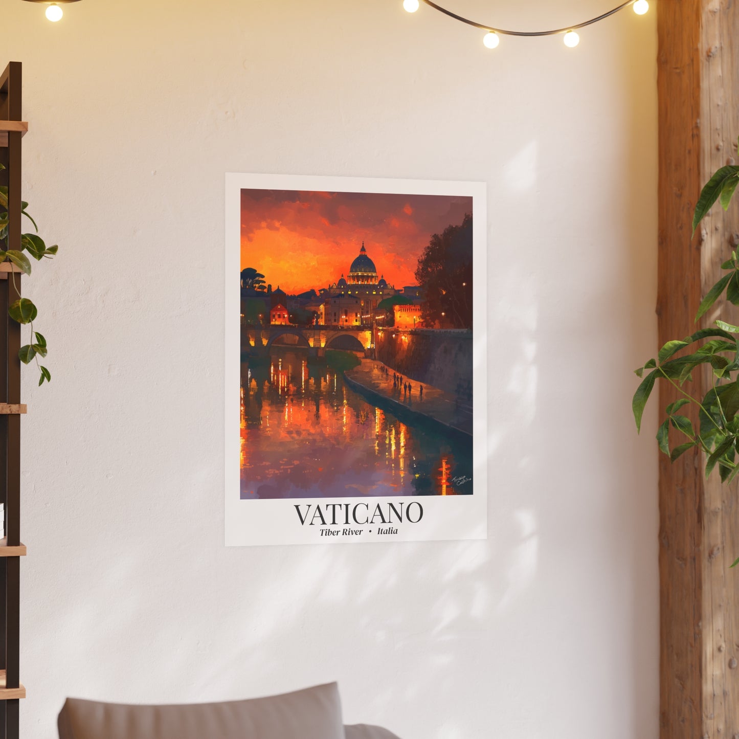 Vaticano Sunset View – Fine Art Framed Canvas Print, Rome Cruise Ship Port Wall Art, St. Peter’s Basilica from the Tiber