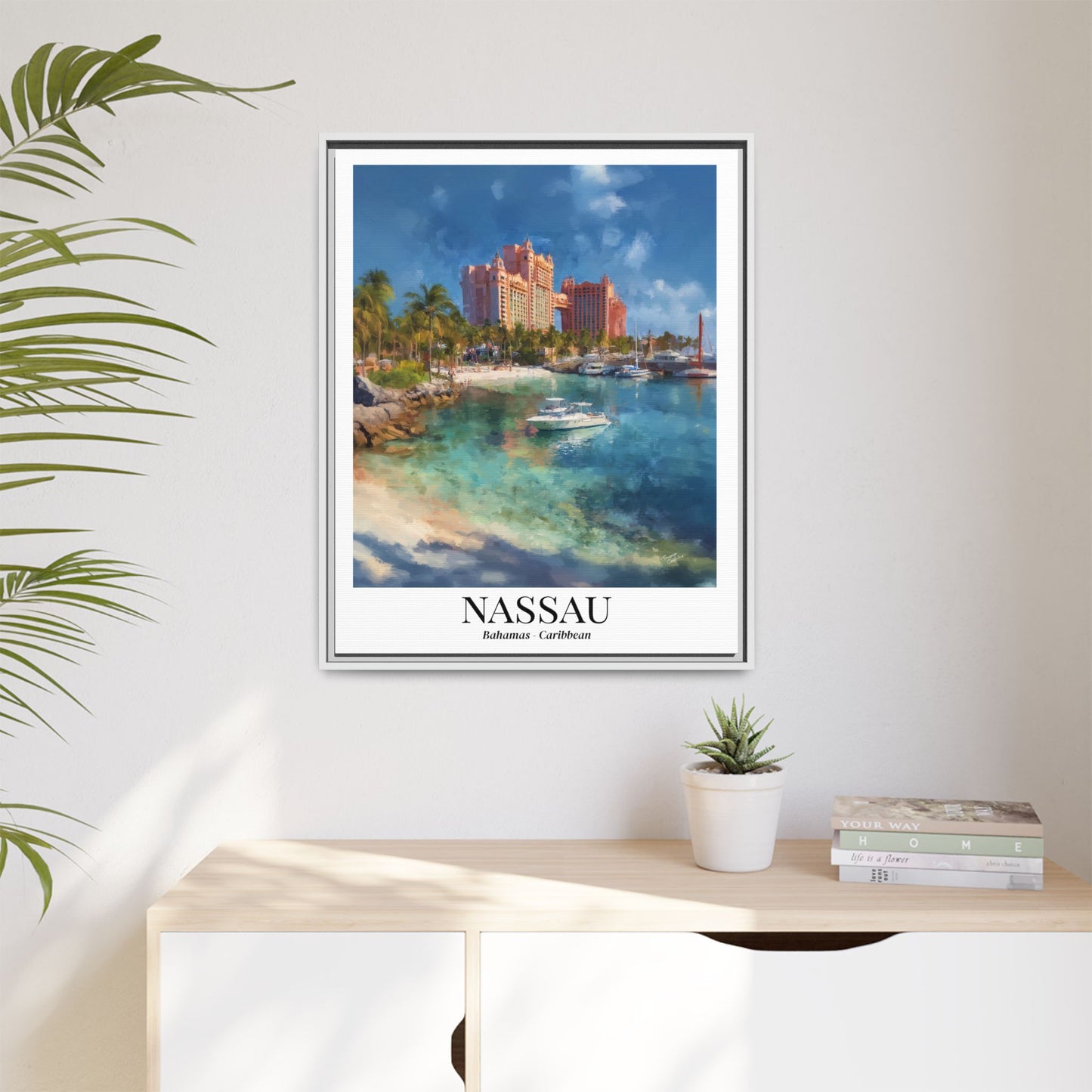 Nassau Framed Canvas Wall Art – Atlantis Resort Print, Cruise Ship Vacation Memory, Bahamas Decor, Beach House Gift for Travelers