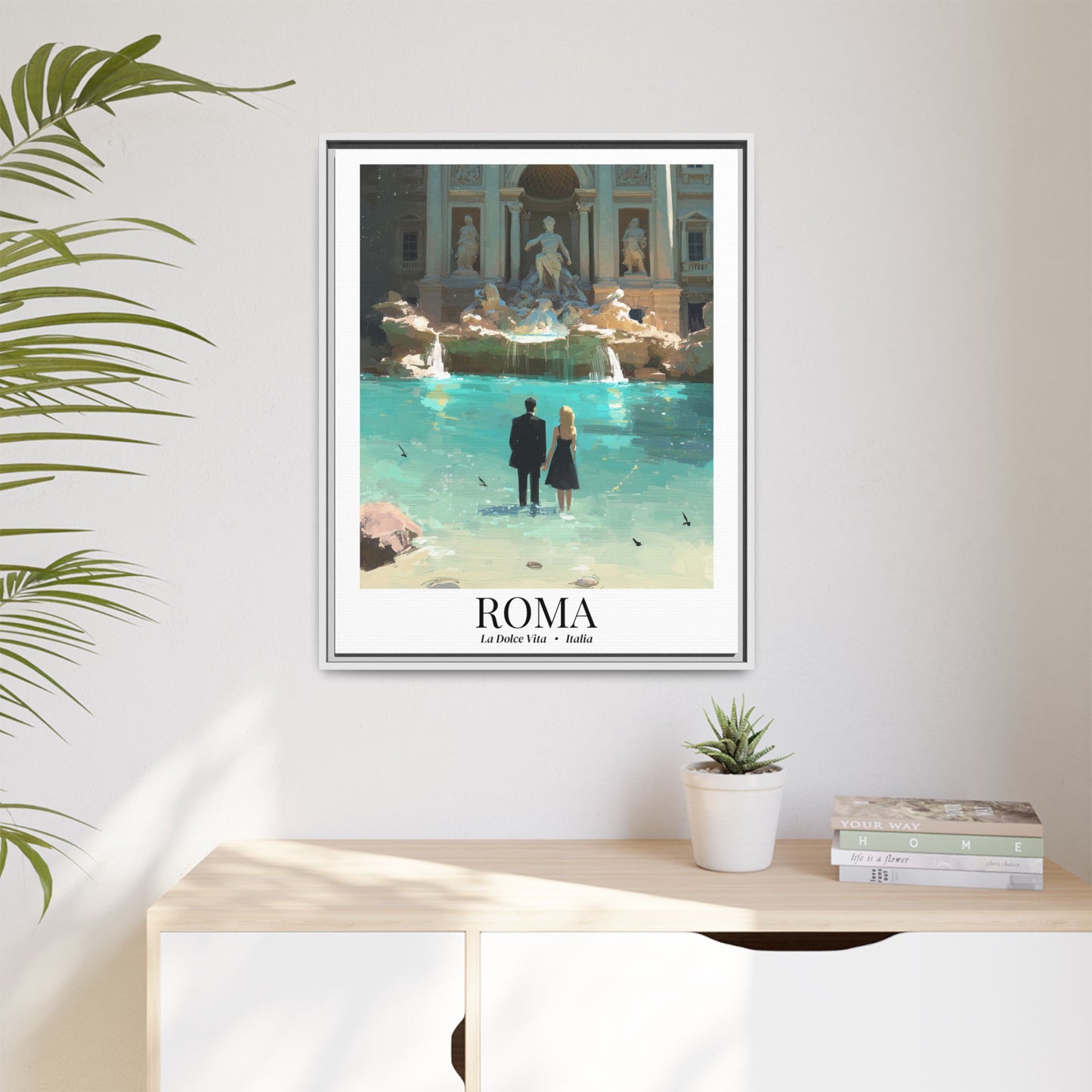 Rome Framed Canvas Wall Art – Fine Art, Trevi Fountain Print, La Dolce Vita Memory, Italy Travel Decor, Romantic Gift for Cinephiles