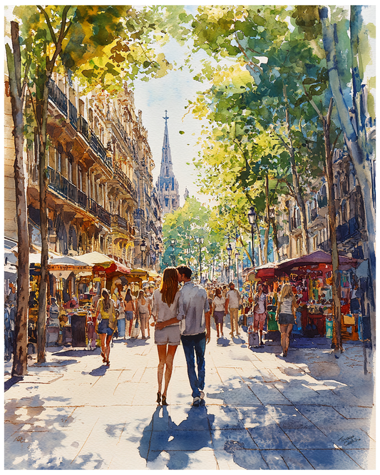 Las Ramblas Barcelona impressionist travel art by Studio Buenaventura