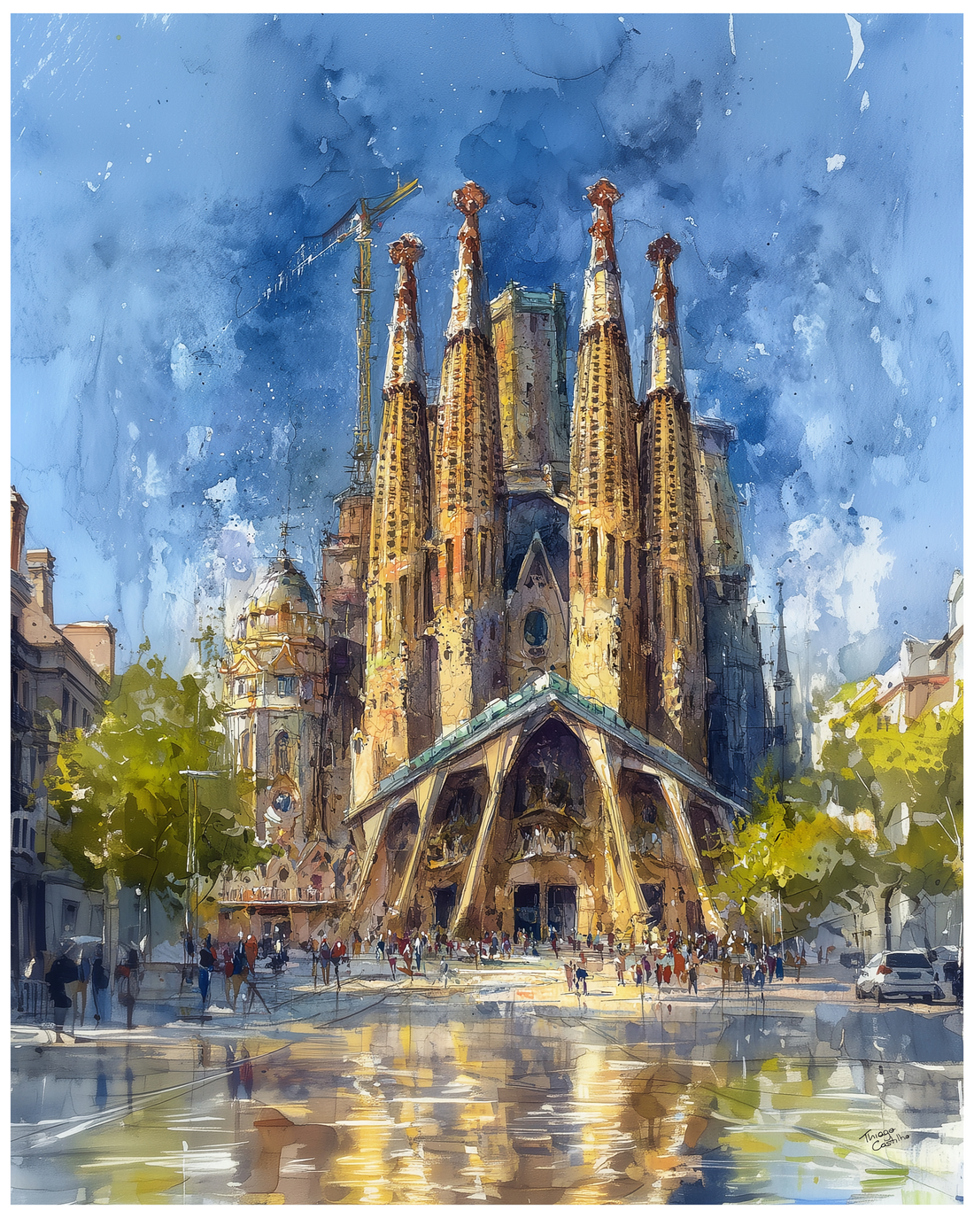Watercolor illustration of La Sagrada Familia in Barcelona with vibrant cityscape and tourists