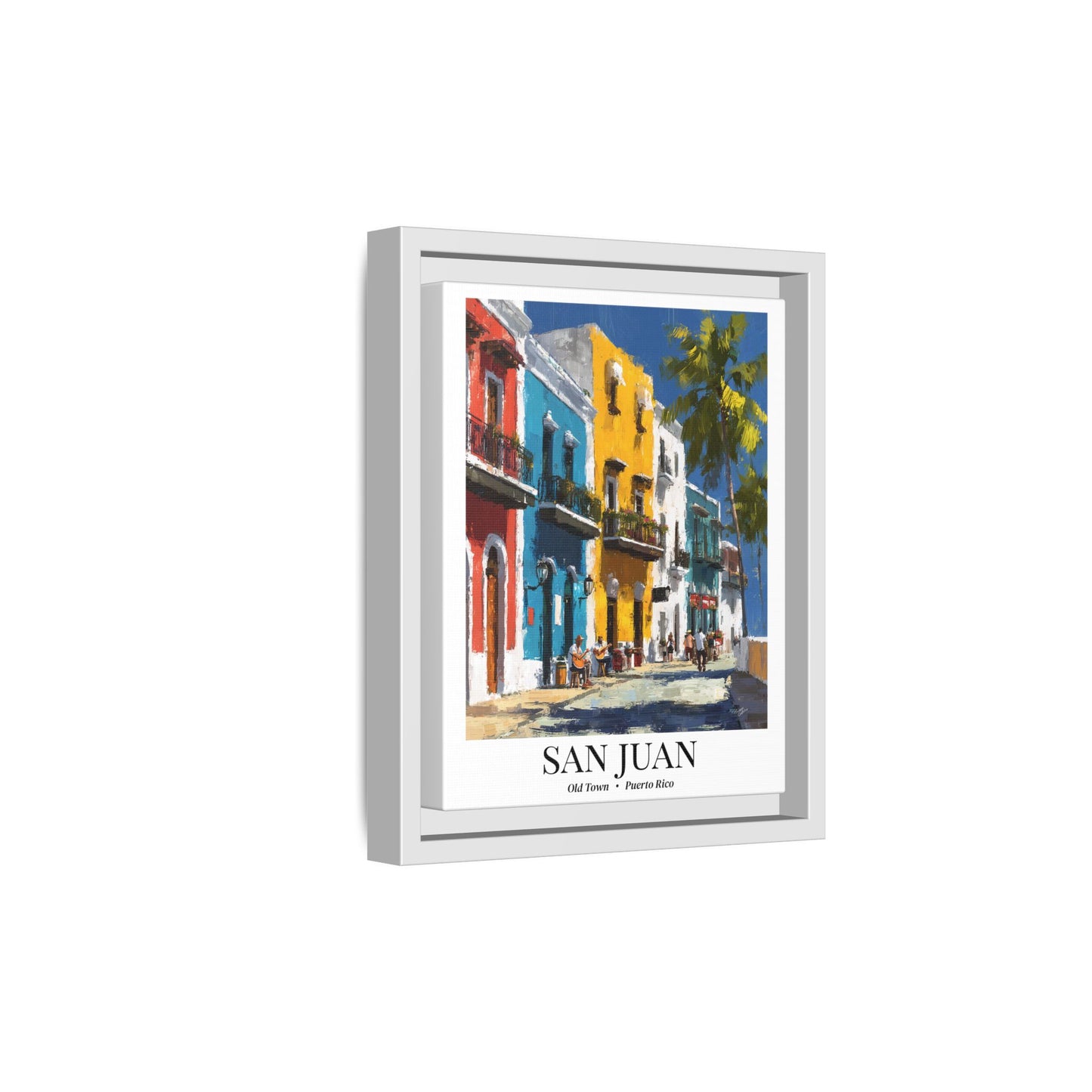 San Juan Framed Canvas Wall Art – Old Town Streets Print, Cruise Ship Vacation Memory, Puerto Rico Decor, Colonial Architecture Gift for Travelers