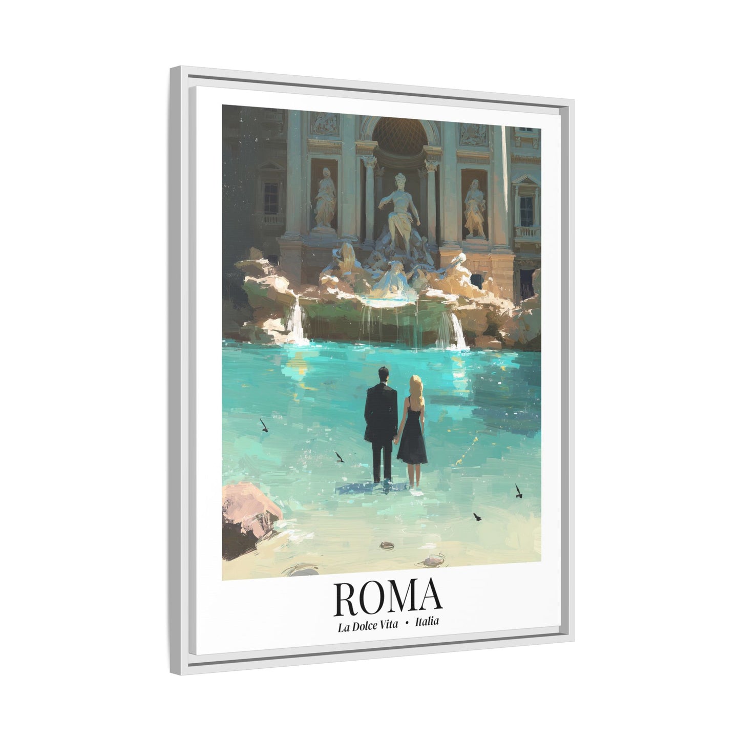 Rome Framed Canvas Wall Art – Fine Art, Trevi Fountain Print, La Dolce Vita Memory, Italy Travel Decor, Romantic Gift for Cinephiles