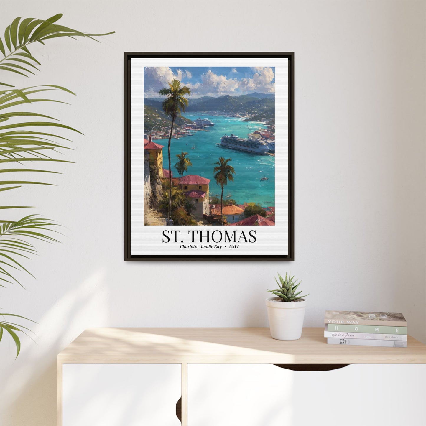 St. Thomas Framed Canvas Wall Art – Fine Art, Charlotte Amalie Bay Print, Travel Memory, Caribbean Wall Decor, Nature-Inspired Gift