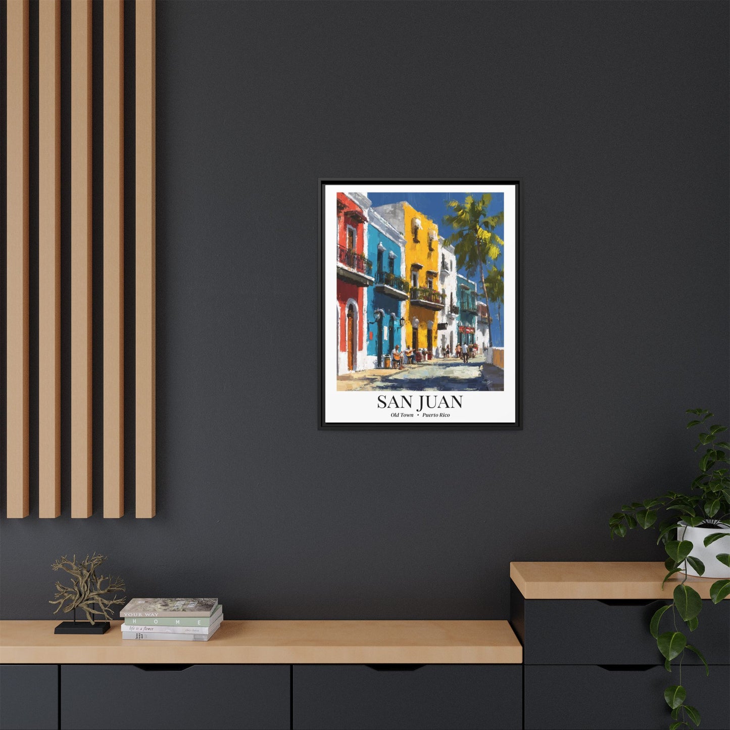 San Juan Framed Canvas Wall Art – Old Town Streets Print, Cruise Ship Vacation Memory, Puerto Rico Decor, Colonial Architecture Gift for Travelers