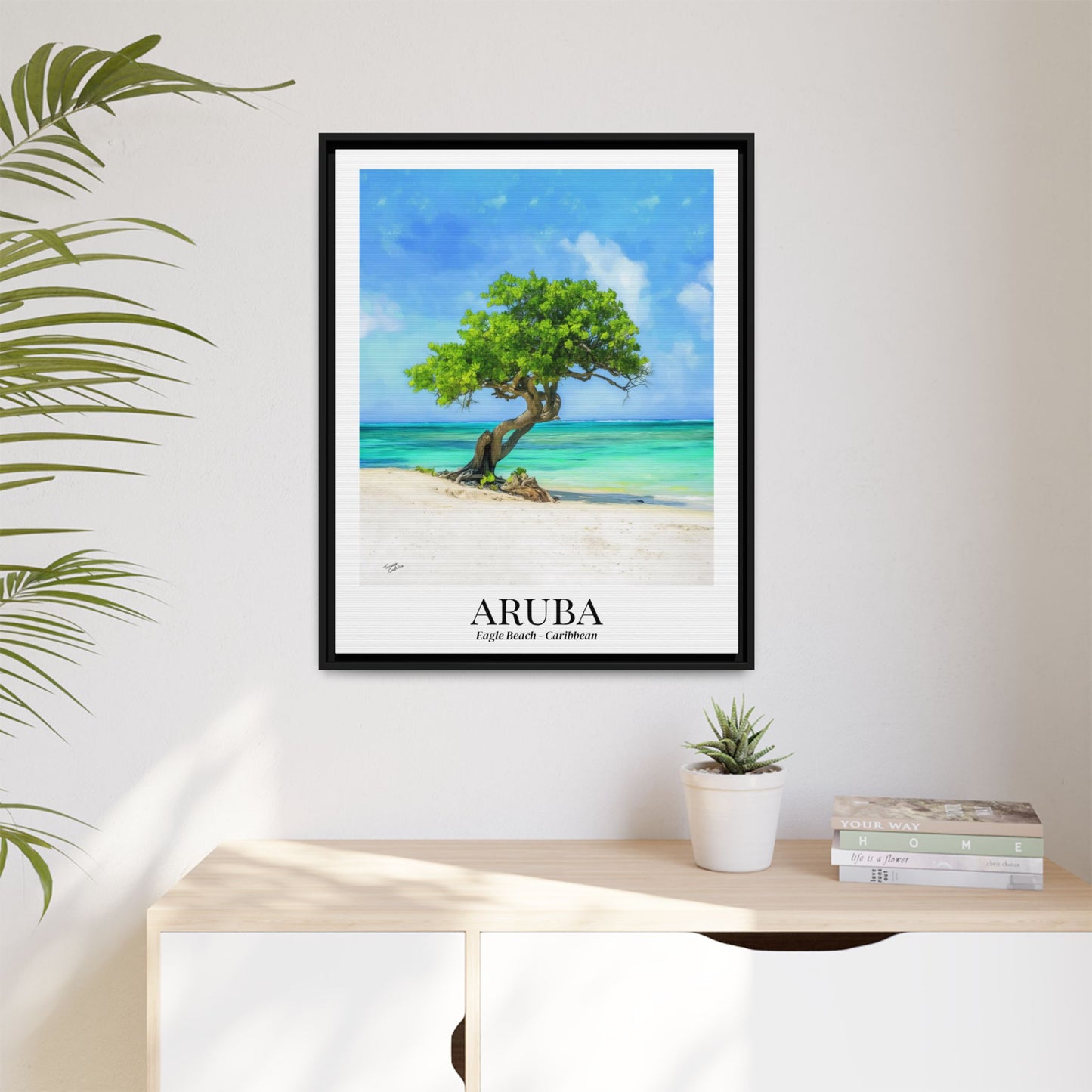 Aruba Framed Canvas Wall Art – Eagle Beach, Fofoti Tree Print, Cruise Ship Vacation Memory, Caribbean Decor, Beach House Gift for Travelers