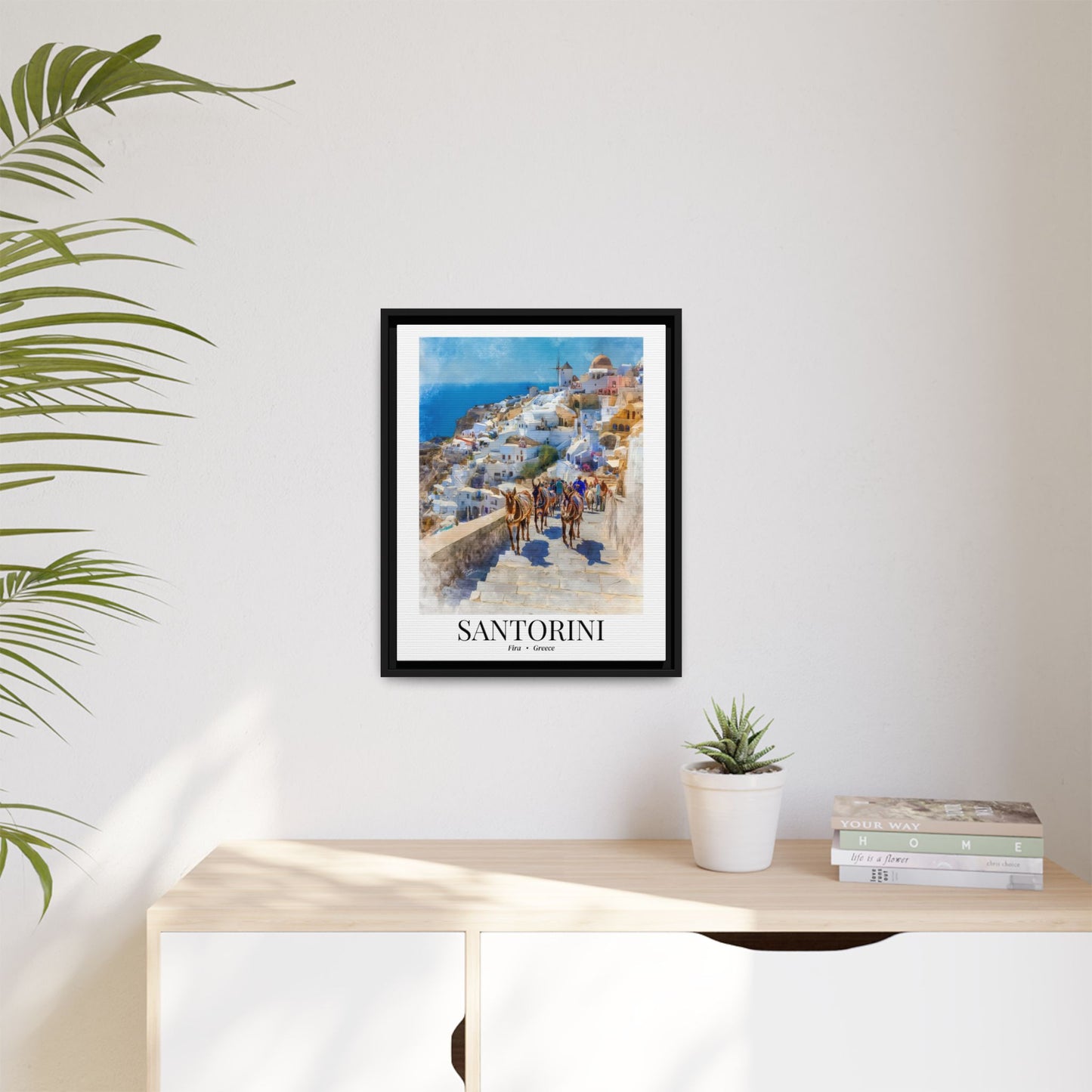 Santorini Framed Canvas Wall Art – Fine Art, Donkeys of Fira Print, Travel Memory, Greece Wall Decor, Nature-Inspired Gift