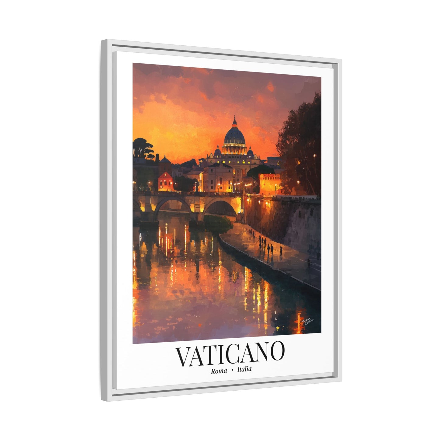 Vatican Framed Canvas Wall Art – Fine Art, Tiber River Sunset Print with Vatican View, Rome Sunset, Cruise Port Memory, Italy Travel Decor, Romantic Gift for Wanderers