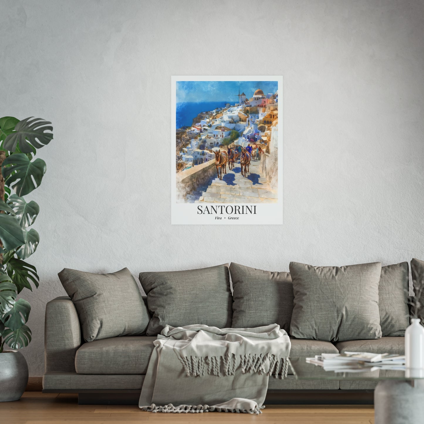 Santorini Travel Poster – Fine Art Print, Donkeys of Fira Artwork, Shared Memory Wall Decor, Greece Souvenir