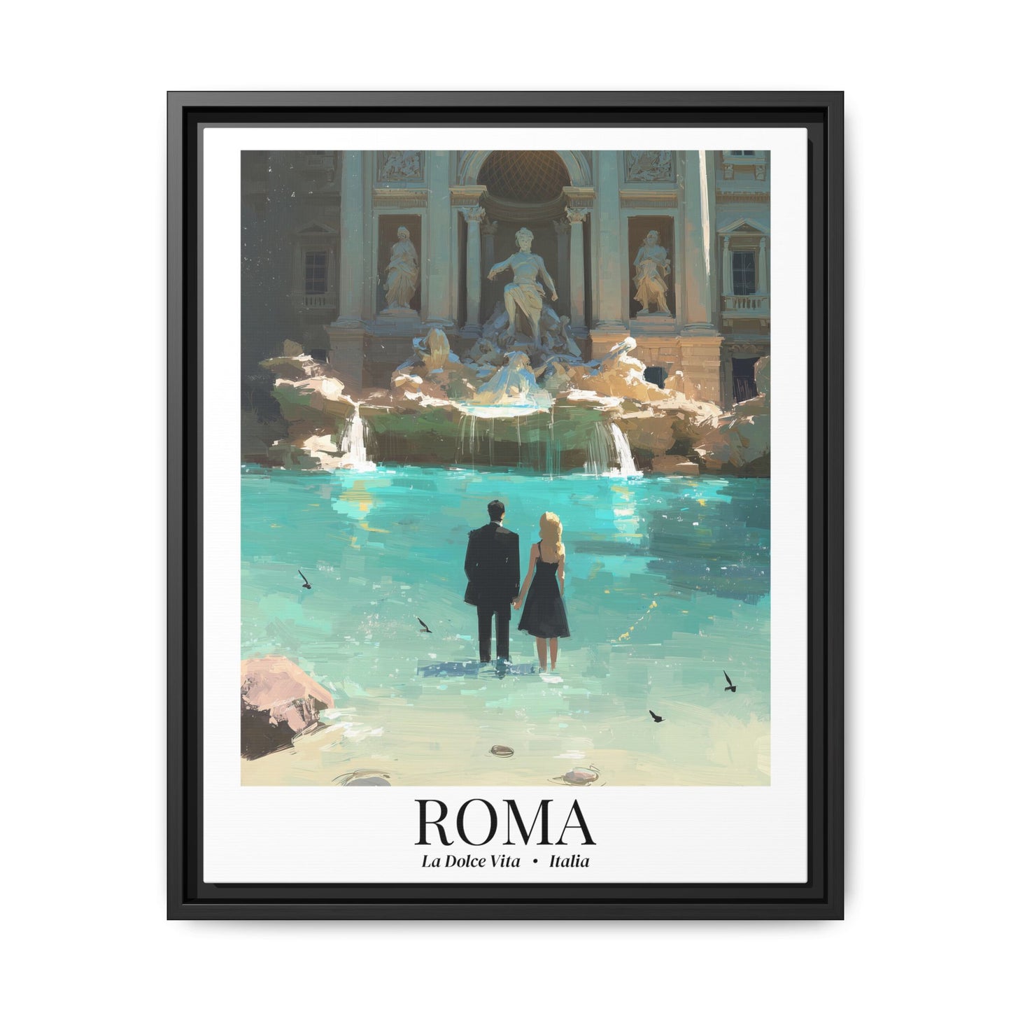 Rome Framed Canvas Wall Art – Fine Art, Trevi Fountain Print, La Dolce Vita Memory, Italy Travel Decor, Romantic Gift for Cinephiles