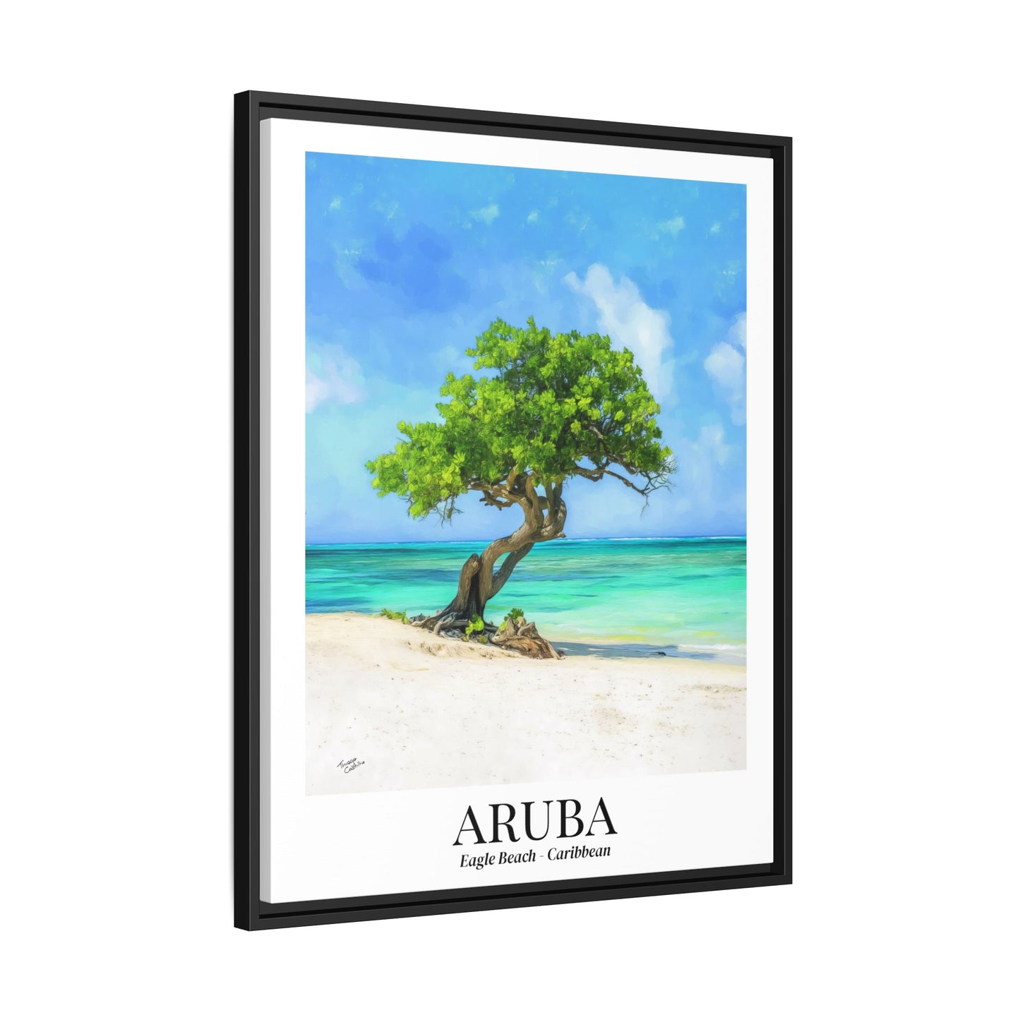 Aruba Framed Canvas Wall Art – Eagle Beach, Fofoti Tree Print, Cruise Ship Vacation Memory, Caribbean Decor, Beach House Gift for Travelers