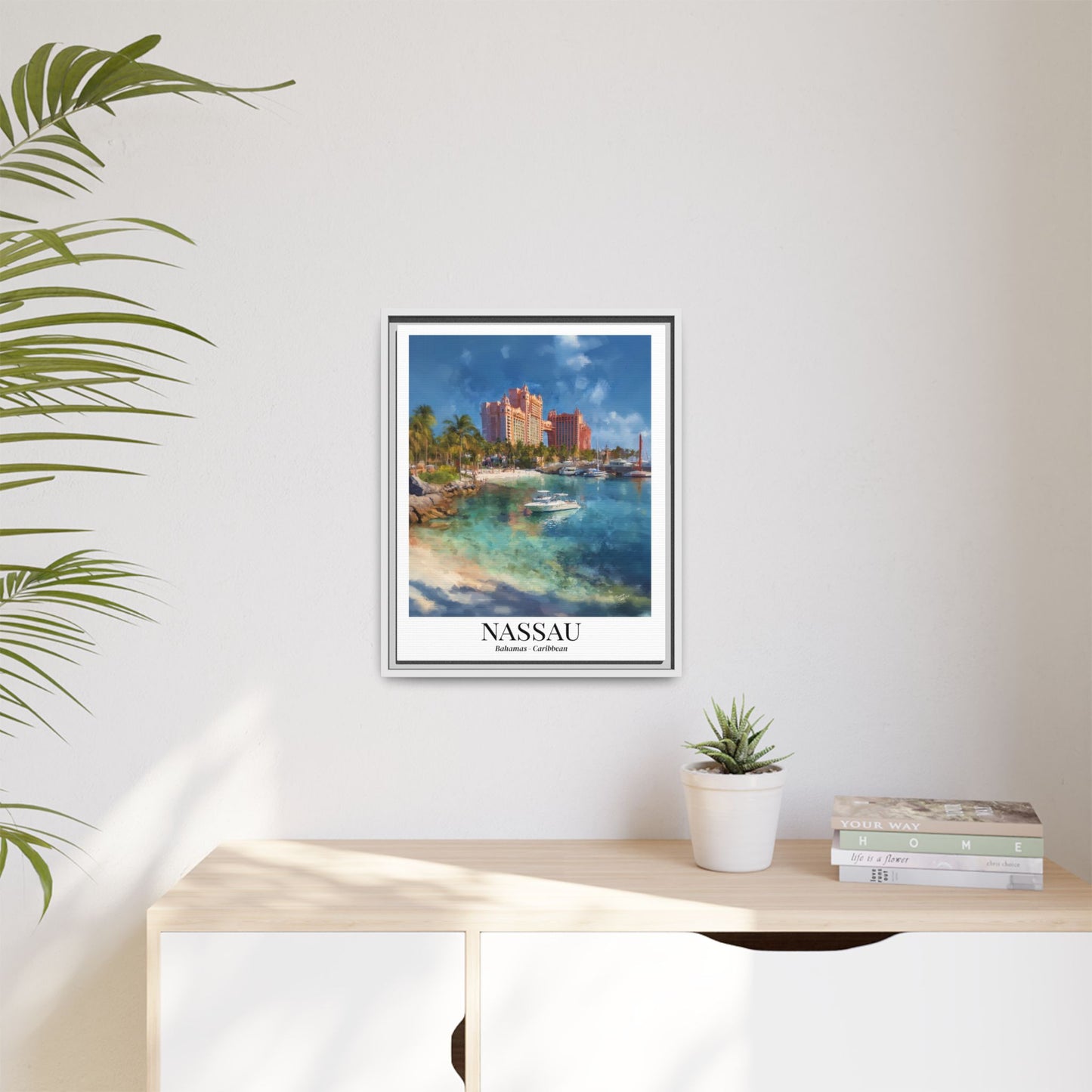 Nassau Framed Canvas Wall Art – Atlantis Resort Print, Cruise Ship Vacation Memory, Bahamas Decor, Beach House Gift for Travelers