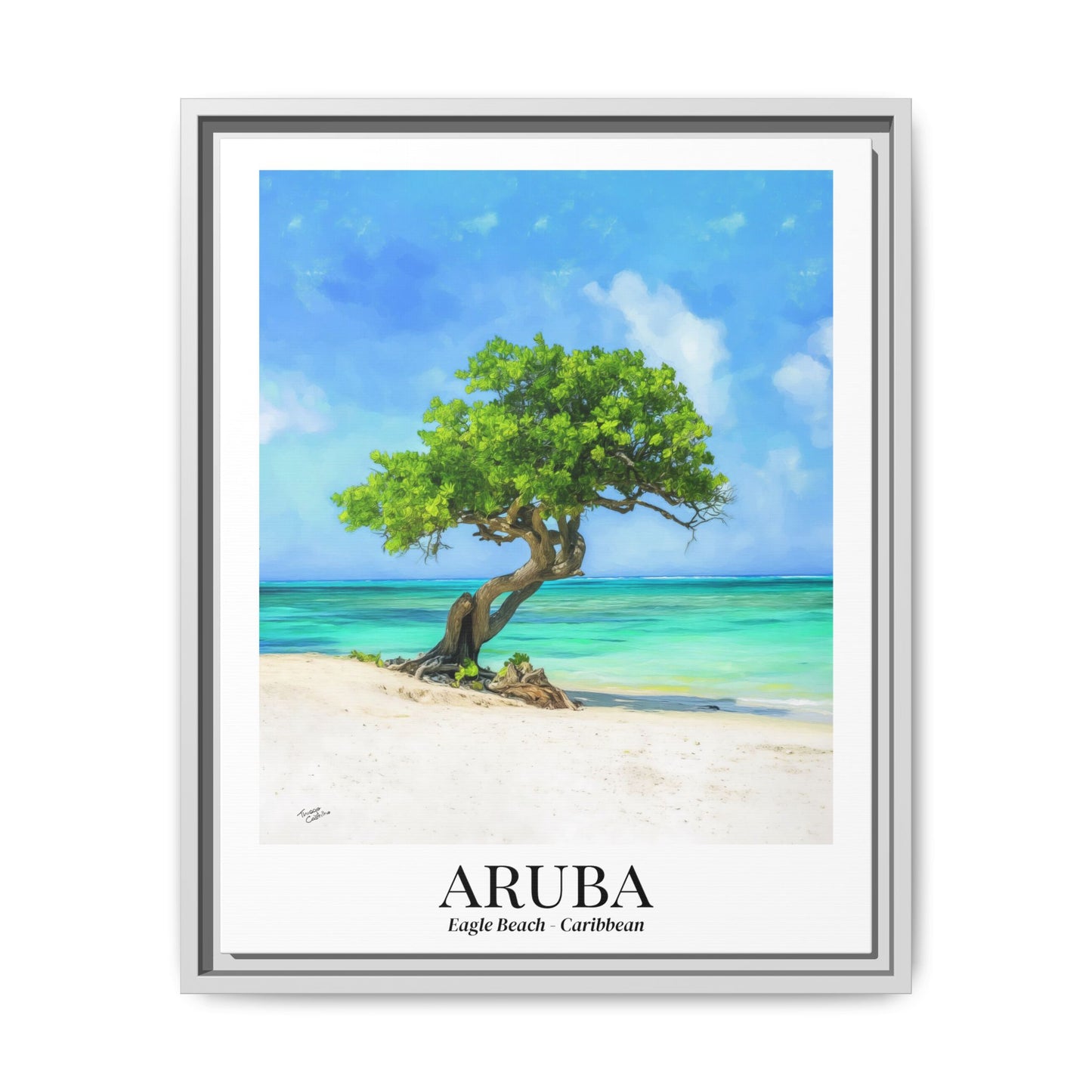 Aruba Framed Canvas Wall Art – Eagle Beach, Fofoti Tree Print, Cruise Ship Vacation Memory, Caribbean Decor, Beach House Gift for Travelers