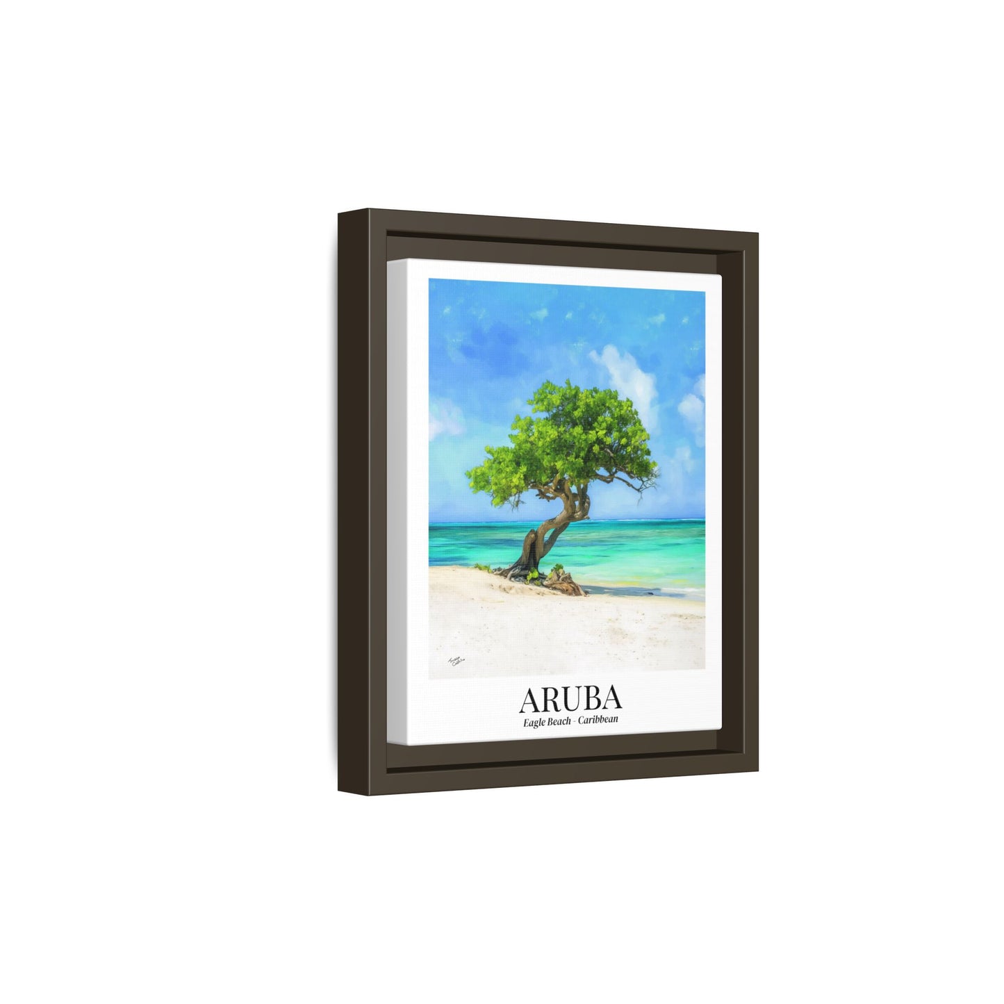 Aruba Framed Canvas Wall Art – Eagle Beach, Fofoti Tree Print, Cruise Ship Vacation Memory, Caribbean Decor, Beach House Gift for Travelers