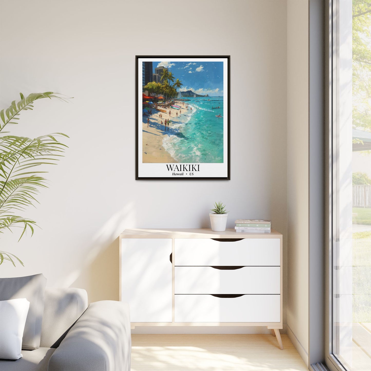 Waikiki Beach Poster Canvas Framed | Tropical Hawaii Wall Art