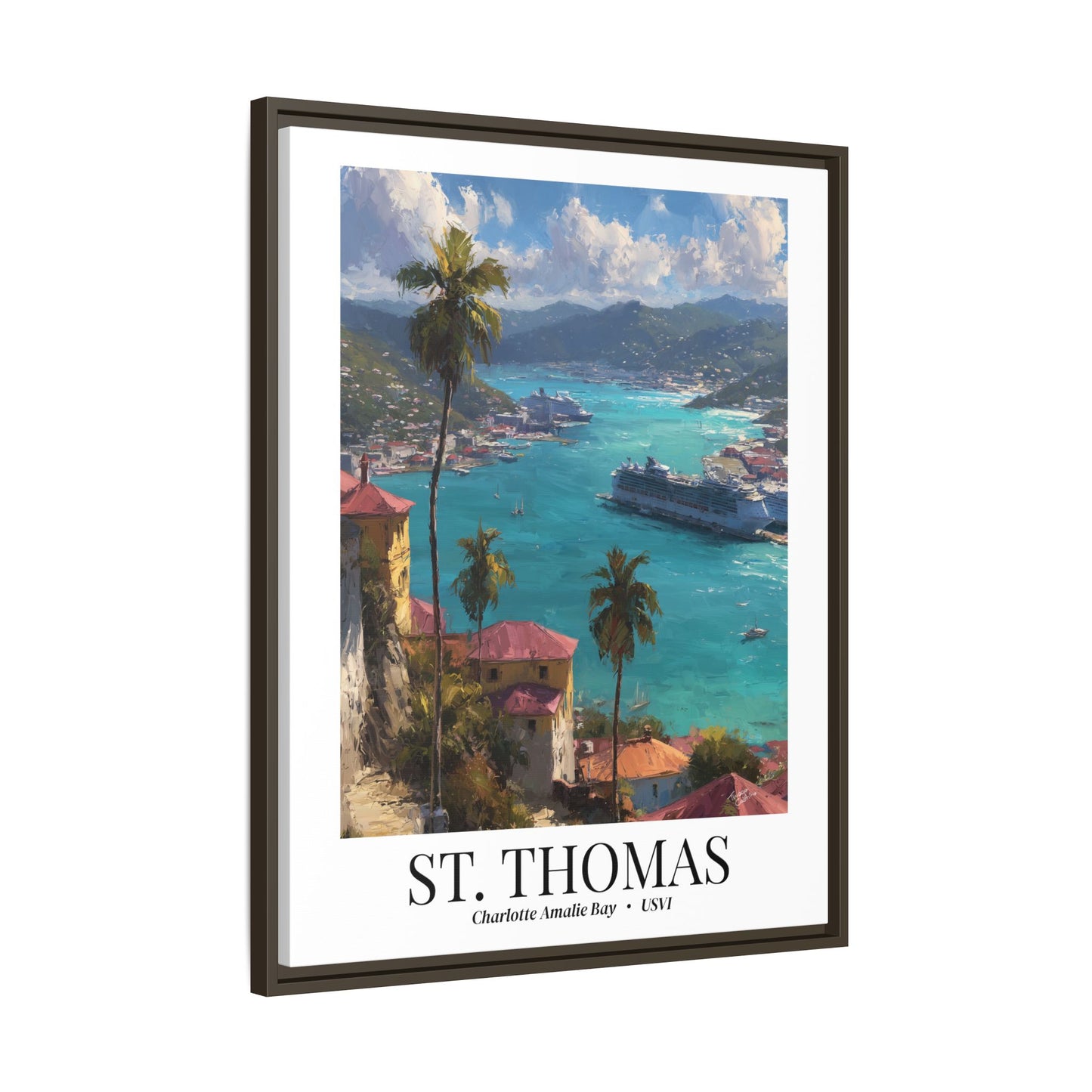 St. Thomas Framed Canvas Wall Art – Fine Art, Charlotte Amalie Bay Print, Travel Memory, Caribbean Wall Decor, Nature-Inspired Gift