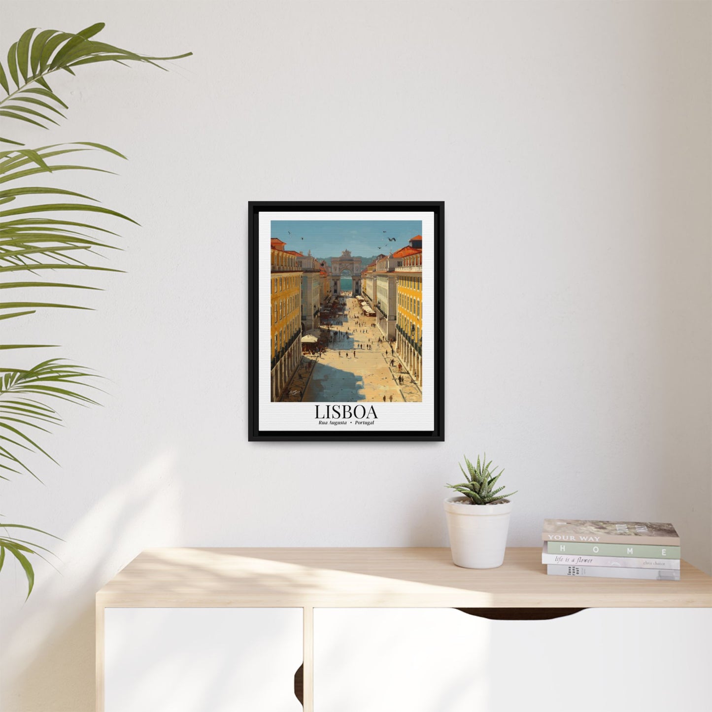 Lisbon Framed Canvas Wall Art – Rua Augusta Print, Cruise Port Memory, Portugal Travel Decor, European Gift for Architecture & Culture Lovers