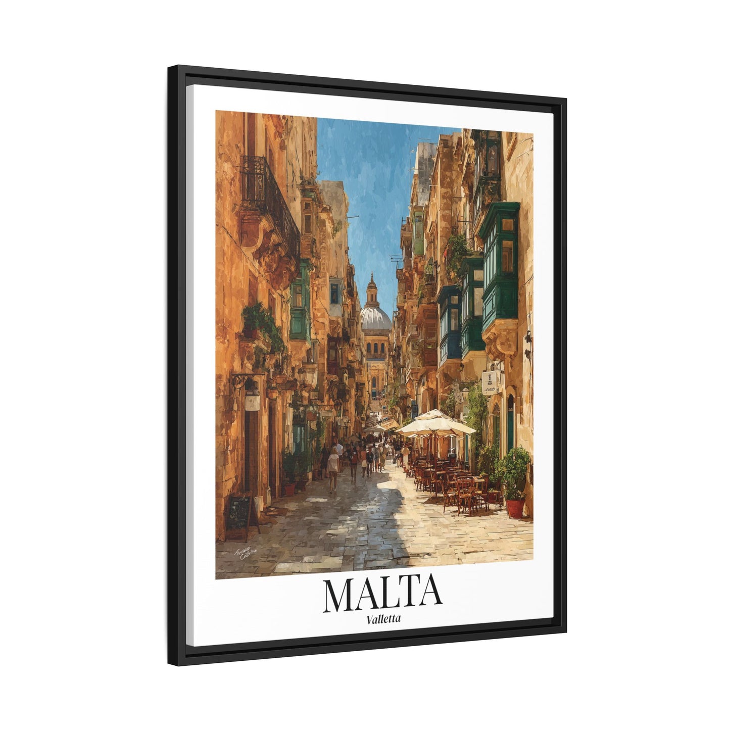 Malta Valletta Street Framed Canvas Fine Art — Vintage Mediterranean Travel Poster