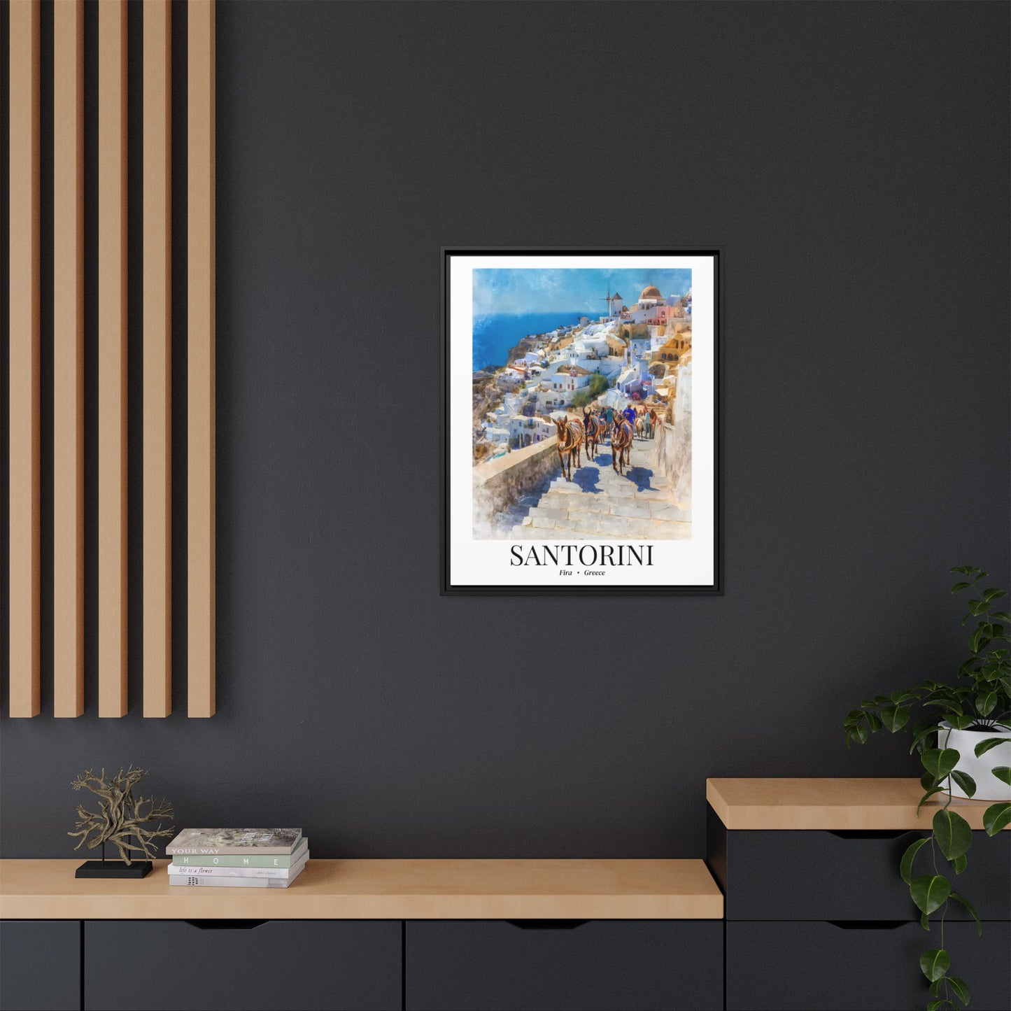 Santorini Framed Canvas Wall Art – Fine Art, Donkeys of Fira Print, Travel Memory, Greece Wall Decor, Nature-Inspired Gift