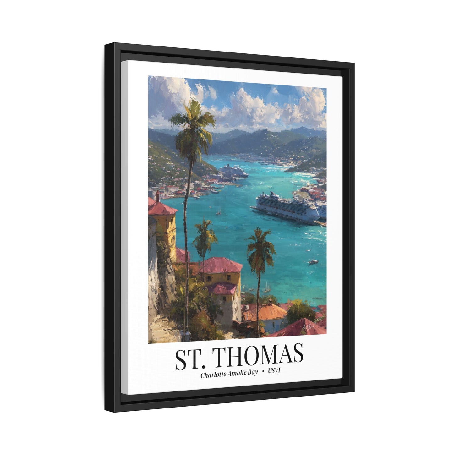 St. Thomas Framed Canvas Wall Art – Fine Art, Charlotte Amalie Bay Print, Travel Memory, Caribbean Wall Decor, Nature-Inspired Gift
