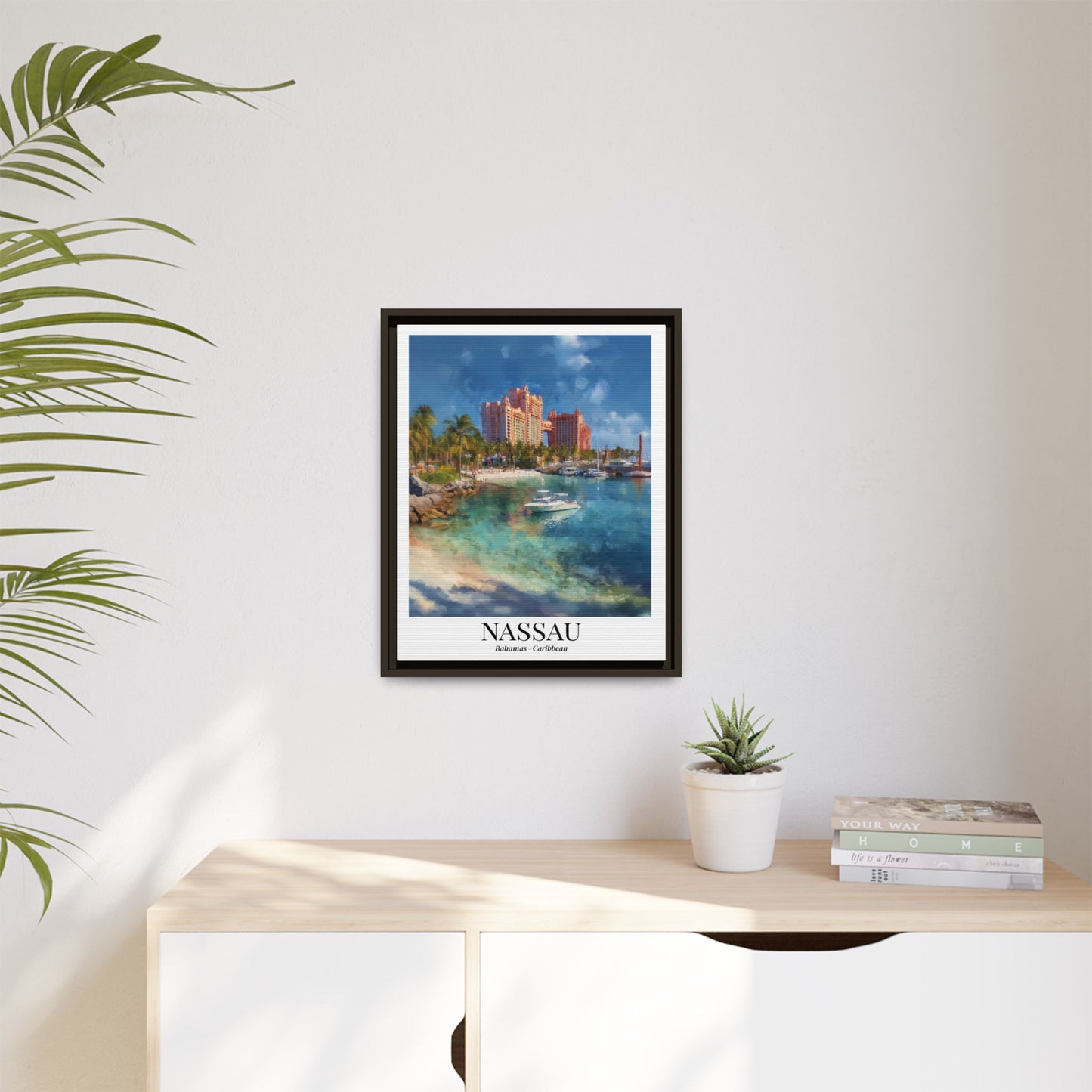 Nassau Framed Canvas Wall Art – Atlantis Resort Print, Cruise Ship Vacation Memory, Bahamas Decor, Beach House Gift for Travelers