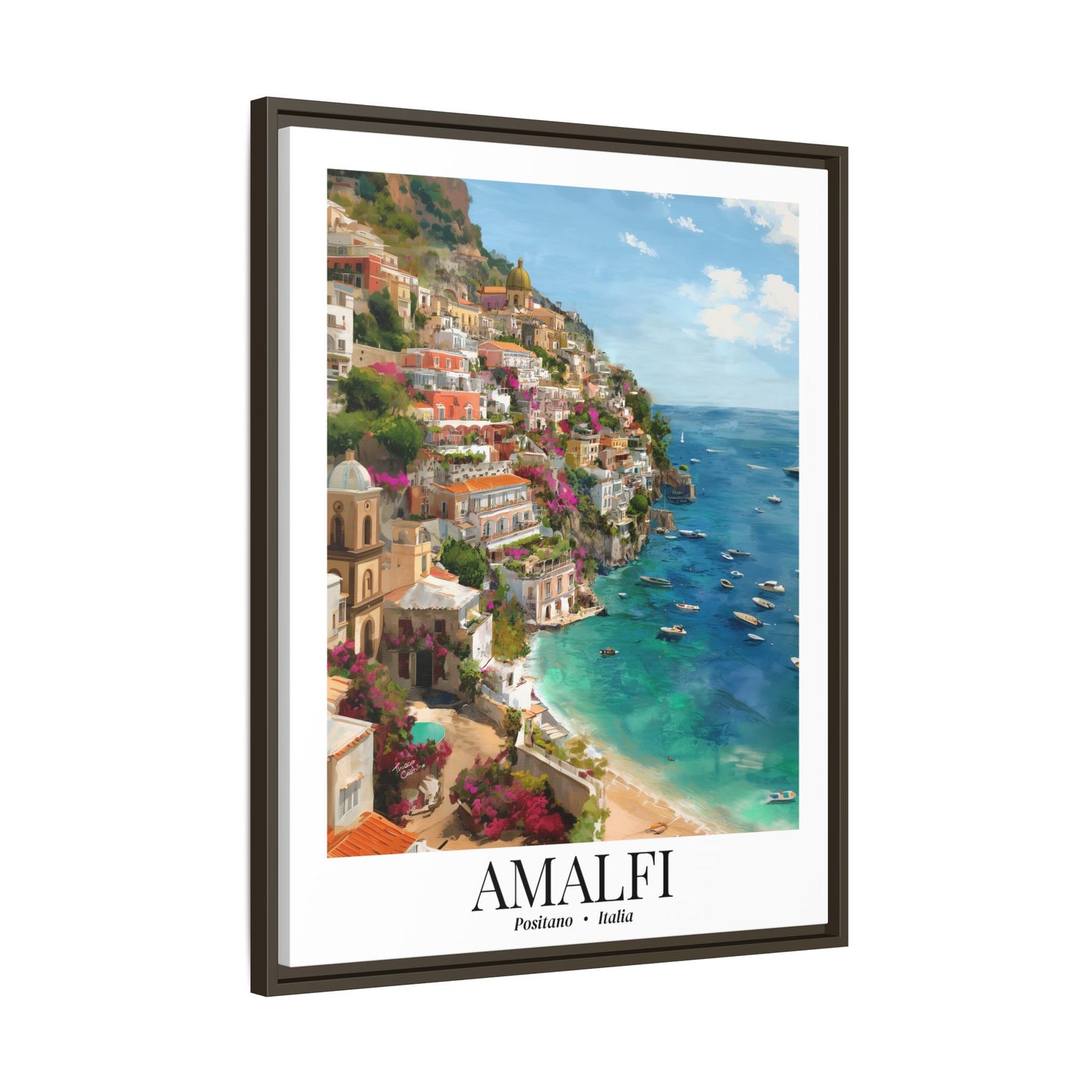 Amalfi Framed Canvas Wall Art – Fine Art,  Amalfi Coast Cliffside Town Print, Cruise Port Memory, Italy Travel Decor, Mediterranean Gift for Explorers