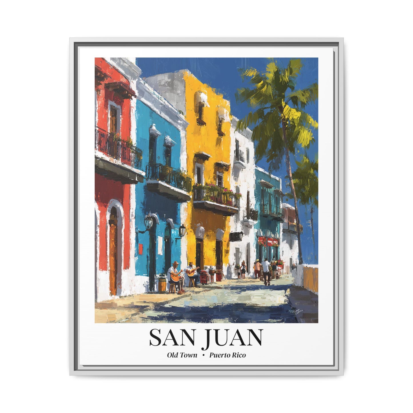 San Juan Framed Canvas Wall Art – Old Town Streets Print, Cruise Ship Vacation Memory, Puerto Rico Decor, Colonial Architecture Gift for Travelers