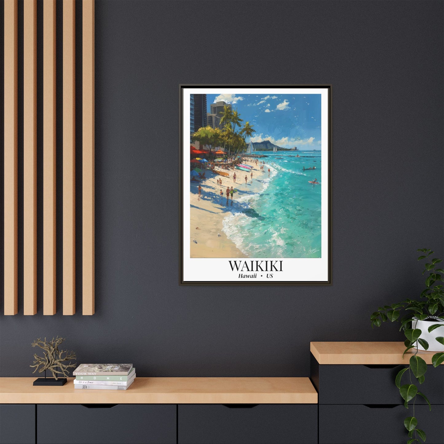 Waikiki Beach Poster Canvas Framed | Tropical Hawaii Wall Art