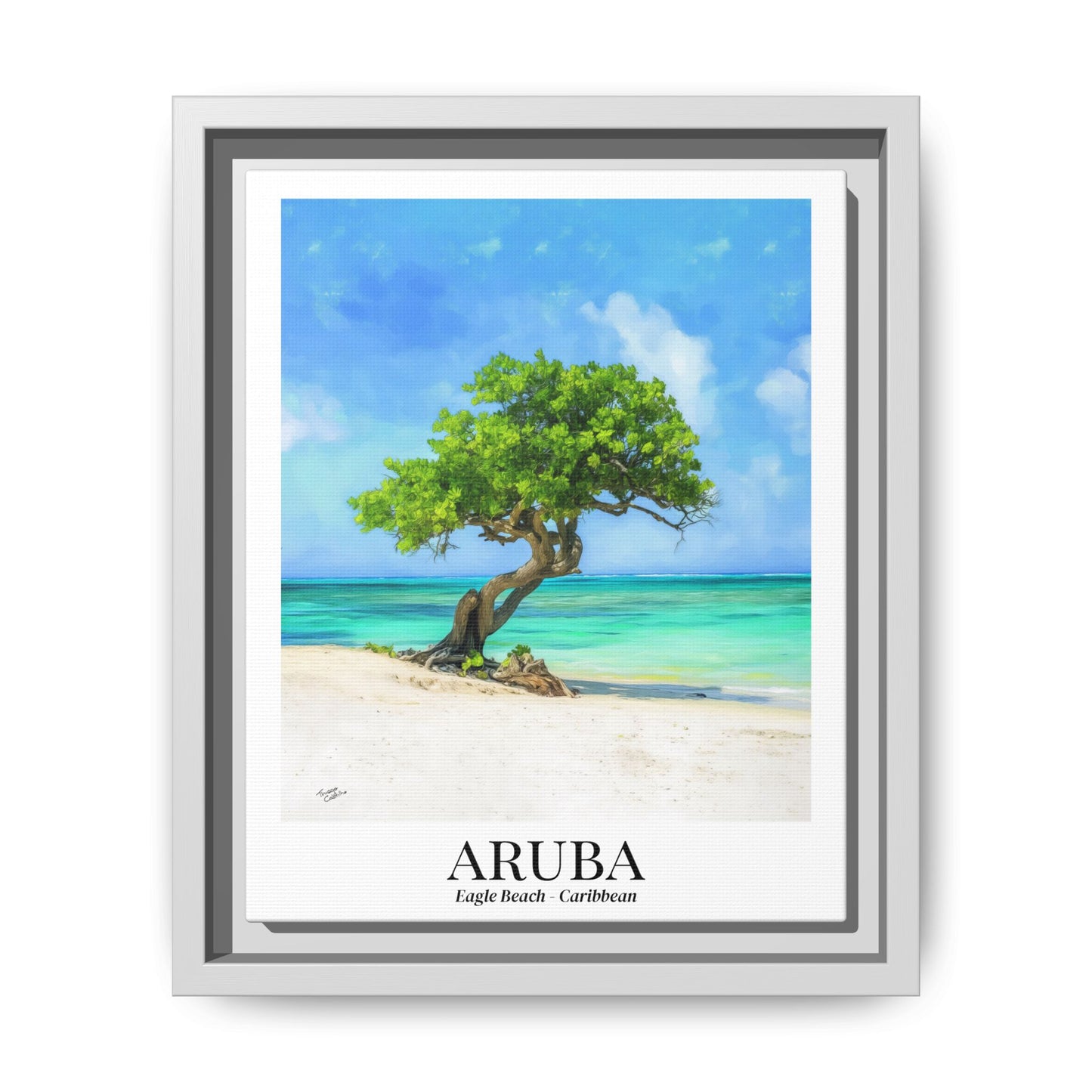 Aruba Framed Canvas Wall Art – Eagle Beach, Fofoti Tree Print, Cruise Ship Vacation Memory, Caribbean Decor, Beach House Gift for Travelers