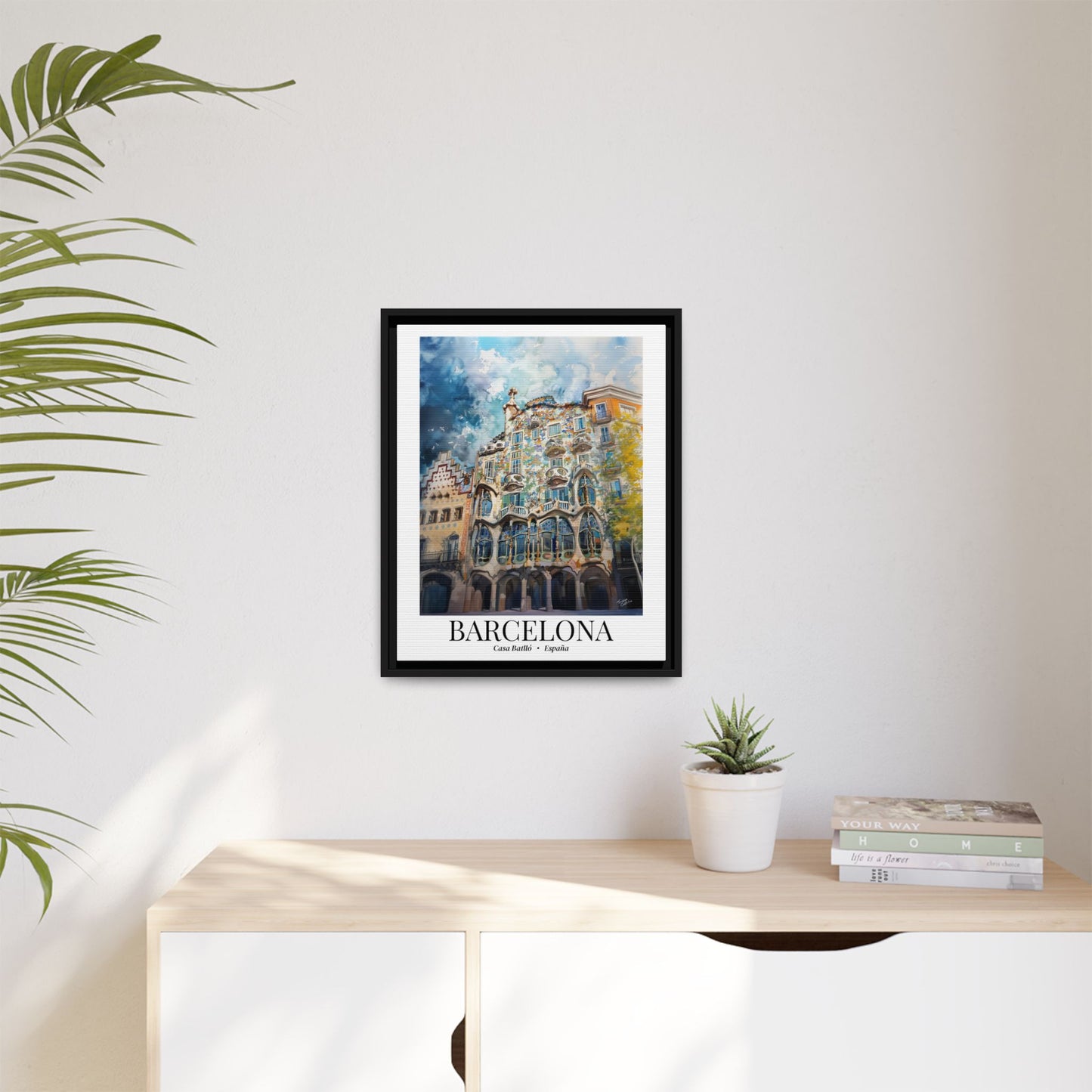 Barcelona Framed Canvas Wall Art – Casa Batlló Print, Cruise Port Memory, Spain Travel Decor, Mediterranean Gift for Architecture Lovers