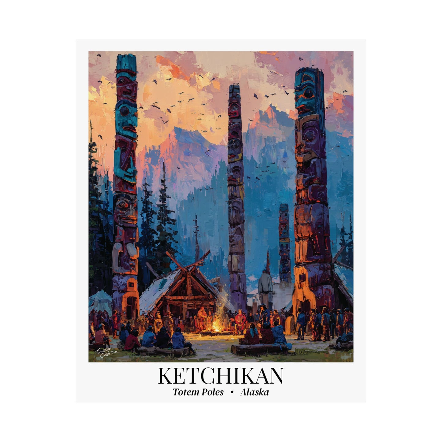 Ketchikan, Alaska - Impressionist Fine Art Poster - Totem Pole Travel Wall Art