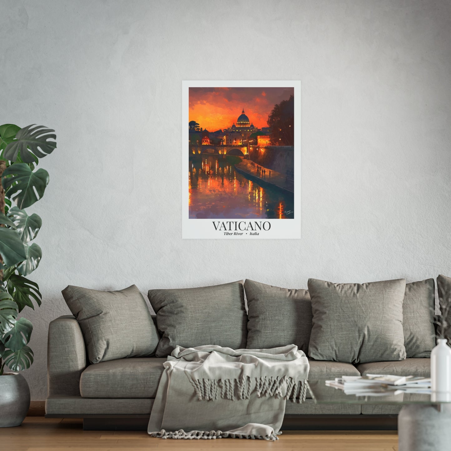 Vaticano Sunset View – Fine Art Framed Canvas Print, Rome Cruise Ship Port Wall Art, St. Peter’s Basilica from the Tiber