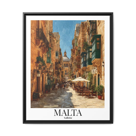 Malta Valletta Street Framed Canvas Fine Art — Vintage Mediterranean Travel Poster