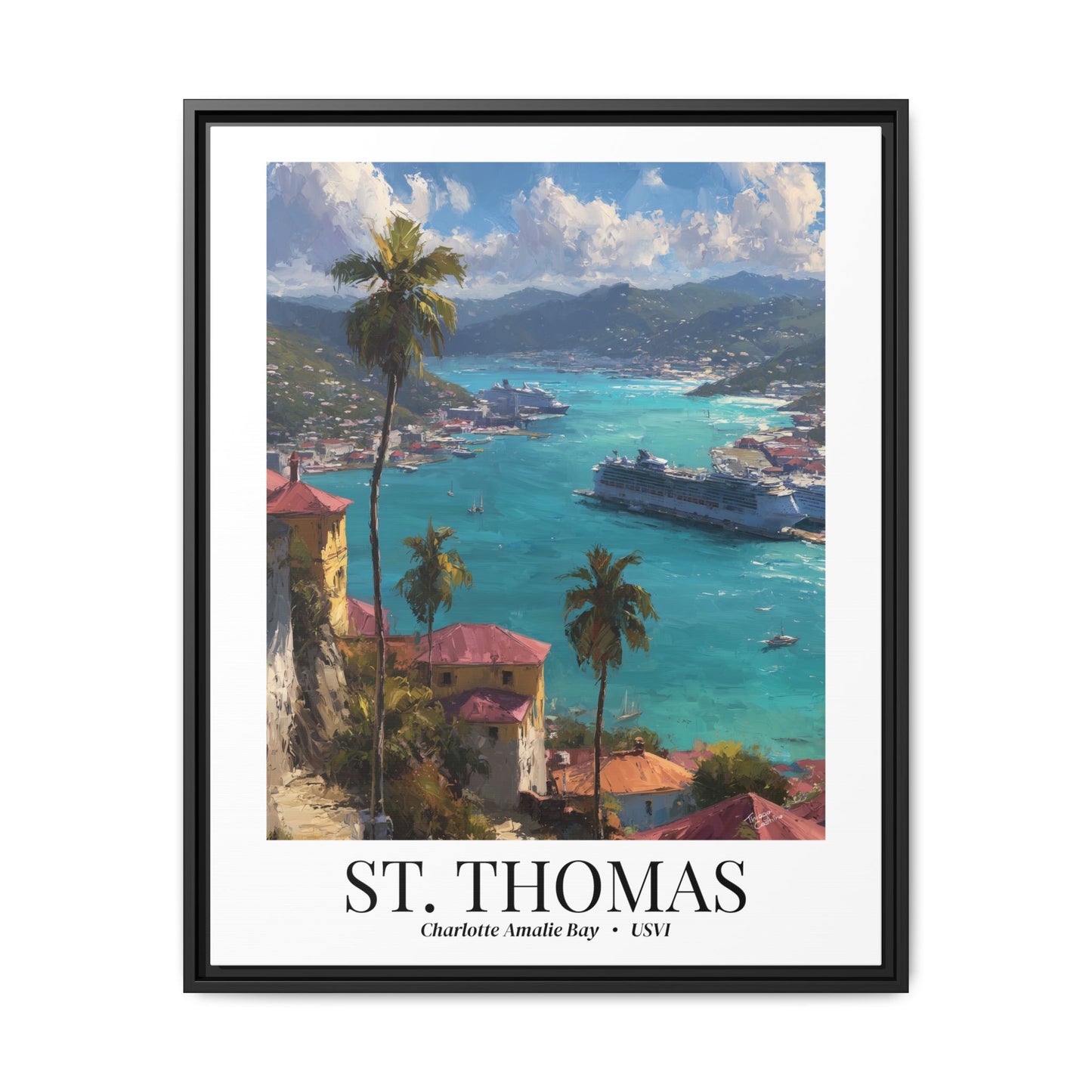 St. Thomas Framed Canvas Wall Art – Fine Art, Charlotte Amalie Bay Print, Travel Memory, Caribbean Wall Decor, Nature-Inspired Gift
