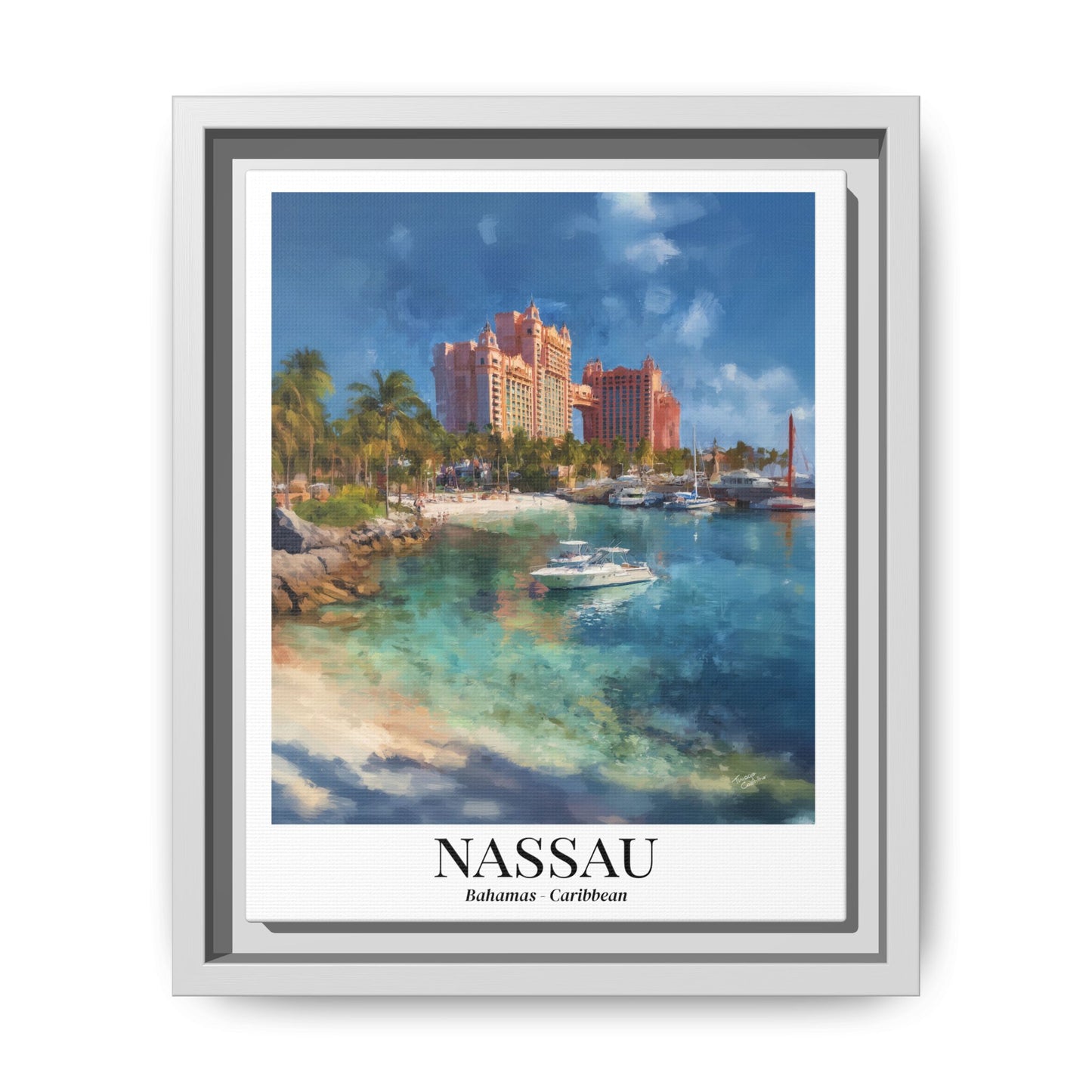 Nassau Framed Canvas Wall Art – Atlantis Resort Print, Cruise Ship Vacation Memory, Bahamas Decor, Beach House Gift for Travelers