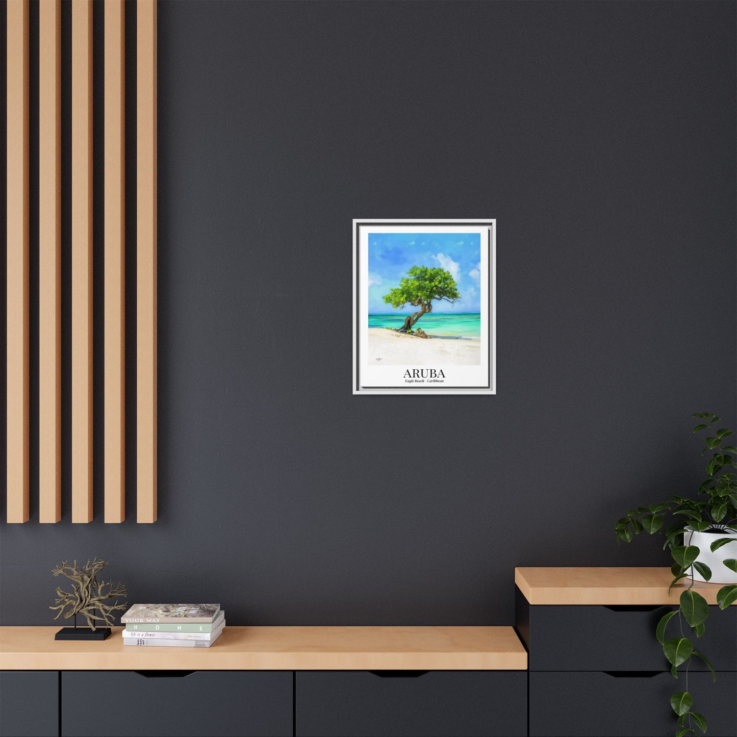 Aruba Framed Canvas Wall Art – Eagle Beach, Fofoti Tree Print, Cruise Ship Vacation Memory, Caribbean Decor, Beach House Gift for Travelers