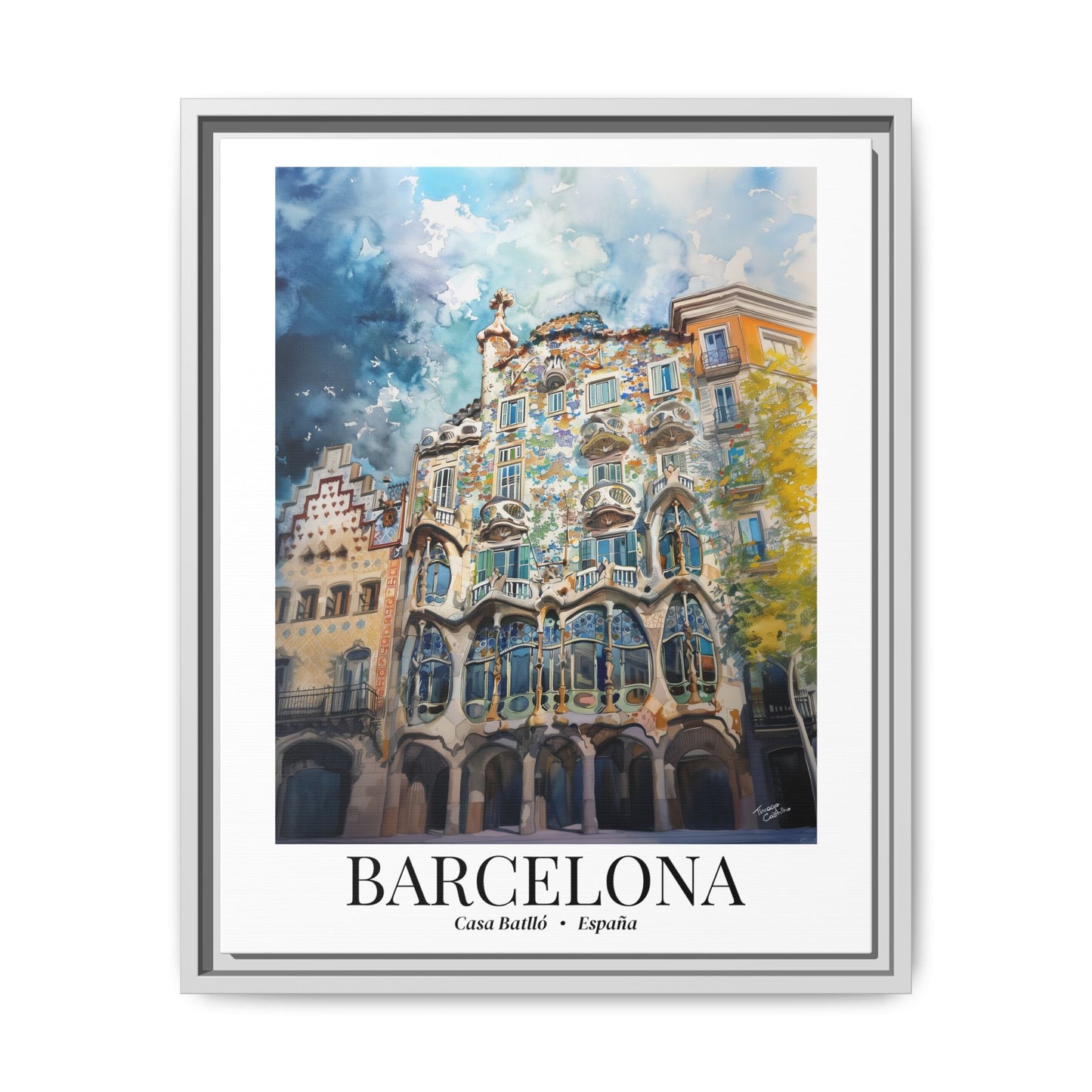 Barcelona Framed Canvas Wall Art – Casa Batlló Print, Cruise Port Memory, Spain Travel Decor, Mediterranean Gift for Architecture Lovers