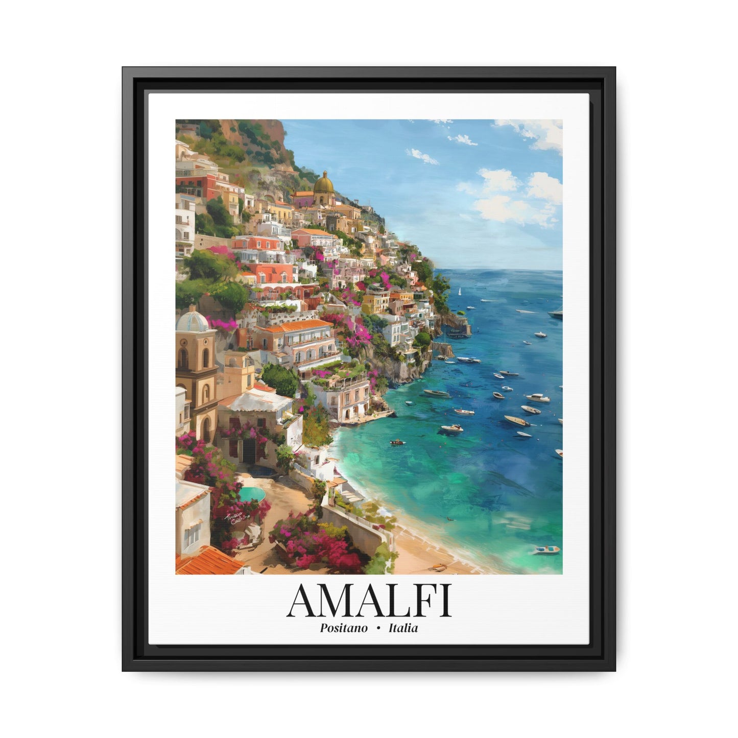 Amalfi Framed Canvas Wall Art – Fine Art,  Amalfi Coast Cliffside Town Print, Cruise Port Memory, Italy Travel Decor, Mediterranean Gift for Explorers